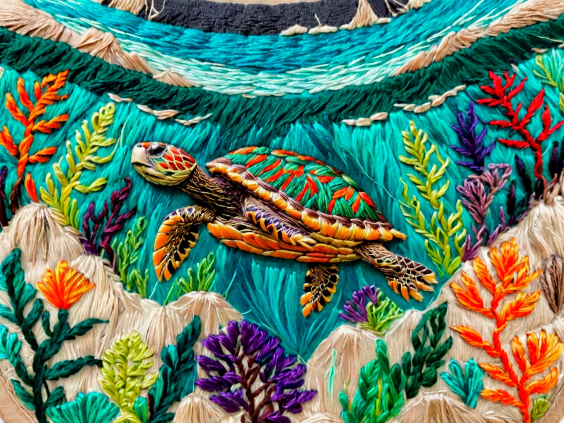 Made of threads. A turtle swimming in the ocean amongst coral and rocks and seaweed.

<lora:Threads01-02_CE_SDXL_32x16x180x1bOT:1.4> thrdsCE