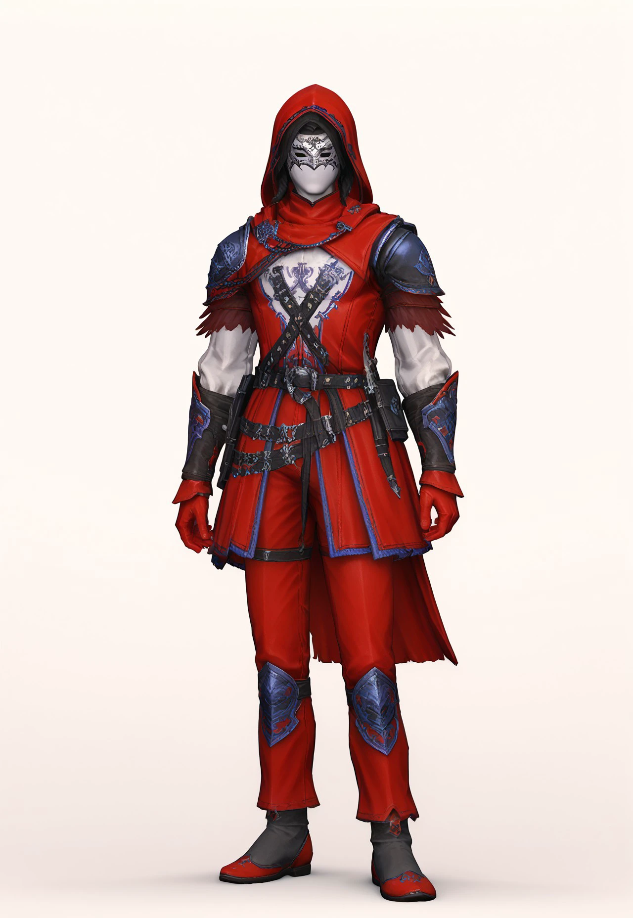 archeo_rinascita, solo, mask, hood, gloves, armor, male focus, 1boy, belt, hood up, weapon, simple background, white background, standing, full body, ffxiv, fantasy clothing, final fantasy xiv BREAK PonyXLV6_Scores