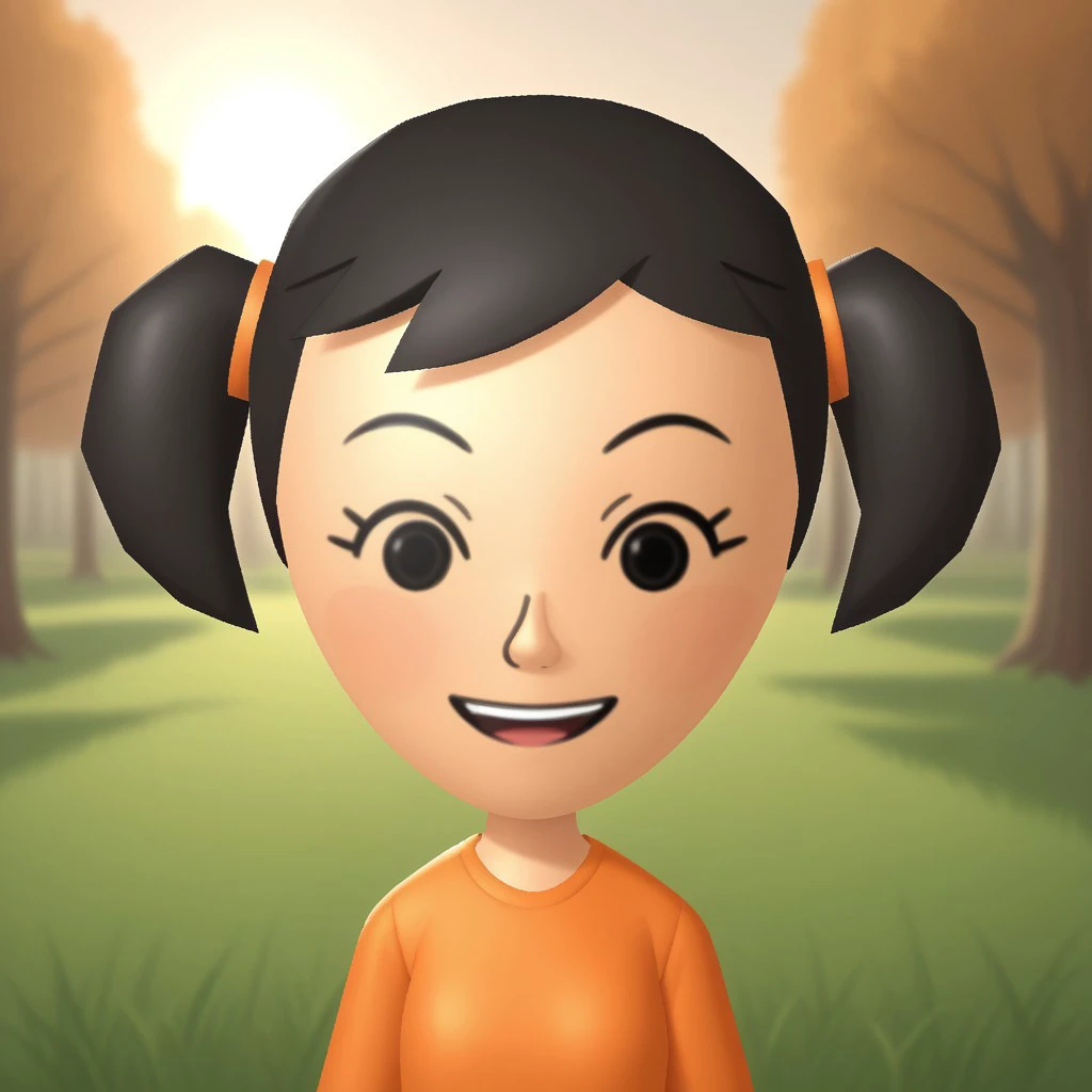 score_9, score_8, BREAK, solo, mii, wii, black hair, twintails, black eyes, dot eyes, blush, open mouth, teeth, orange clothing, black pants, sneakers, wii music, female mii, 1girl, Naoko_(\Wii_Music\), Nintendo Mii, modern_mii, classic_mii, cute, small breasts, sexy pose, smile, outdoors, sunlight, shadows, evening lighting, natural lighting, forest, trees, grass, orange sky, sunset