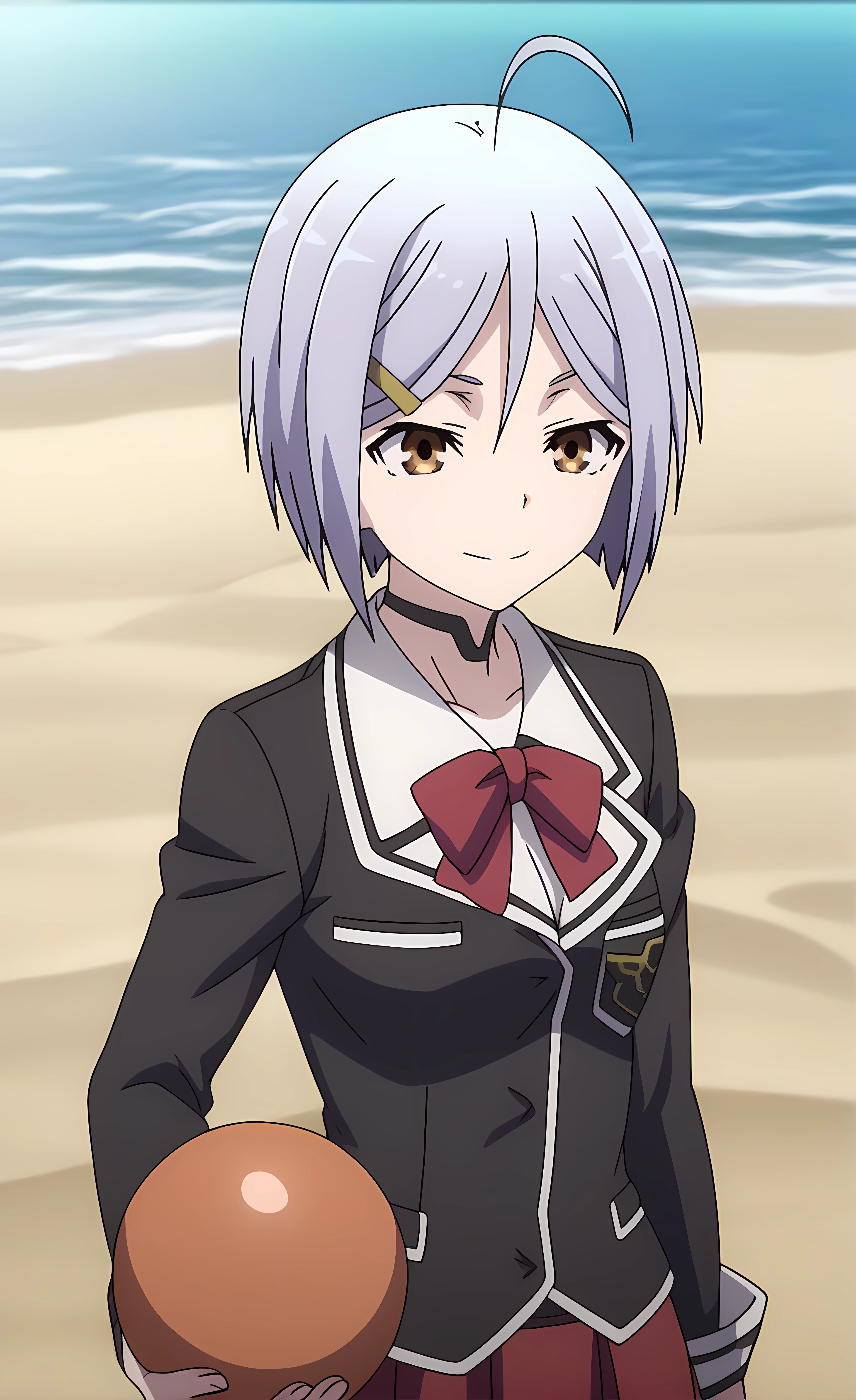 score_9, score_8_up, score_7_up source_anime,closed mouth, shiny skin, light smile,ohwx, 1girl, short_hair, solo, grey_hair, ahoge, brown_eyes, hair_ornament, hairclip, yellow_eyes, hair_between_eyes, solo_focus,school_uniform, serafuku, skirt, jacket, blazer, shirt, long_sleeves, ribbon, bow, Pretending to hold a large beach ball, futuristic bridge,<lora:hijiri_kasuga_pony_sobsynapse-000010:1>