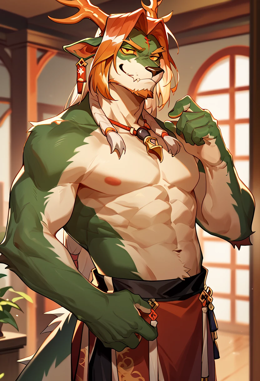 score_9, score_8_up, score_7_up, high quality, hires, solo, wei yenwu, lung, chief executive of lungmen, furry, antlers, yellow sclera, orange eyes, green body, facial hair, cowboy shot, topless, seductive, smug, looking at viewer, <lora:Wei_Yenwu:1>, room