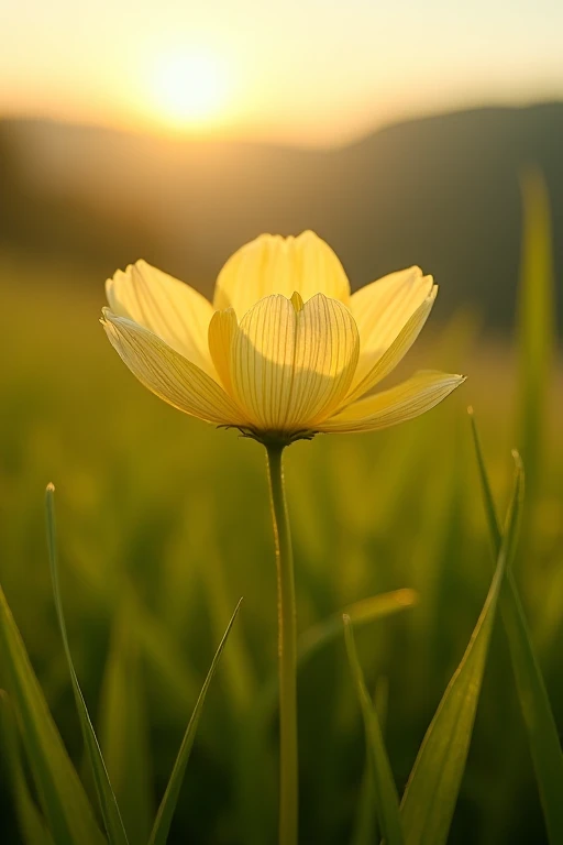 A delicate, petal-soft flower blooms in a warm, golden light amidst a lush green meadow. The sun's rays dance across its intricate patterns, casting a gentle glow on the surrounding blades of grass. The flower's stem rises slightly from the center, as if reaching for the sky, against a softly blurred background of rolling hills.