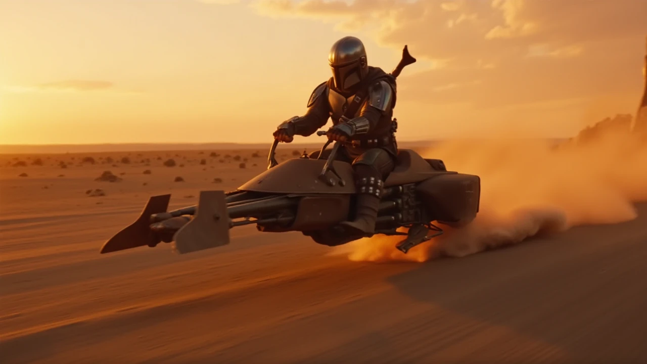 a photo of mando the mandalorian riding a 74-z speederbike at the small village,star wars,lucasfilm,sunset,dramatic camera angle,motion blur,<lora:74-Z:1>,<lora:Mando:1>