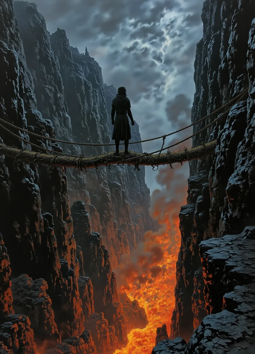 fna_style, a close up of a human, viewed from the side standing on a precarious wooden bridge with rope handrails across a dark chasm with lava flowing below