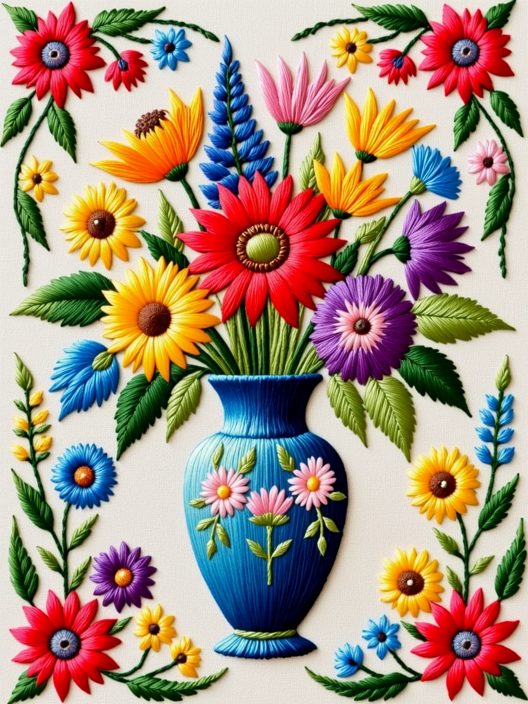 Embroidery. A vase of colorful flowers on a floral background.

thrdsCE