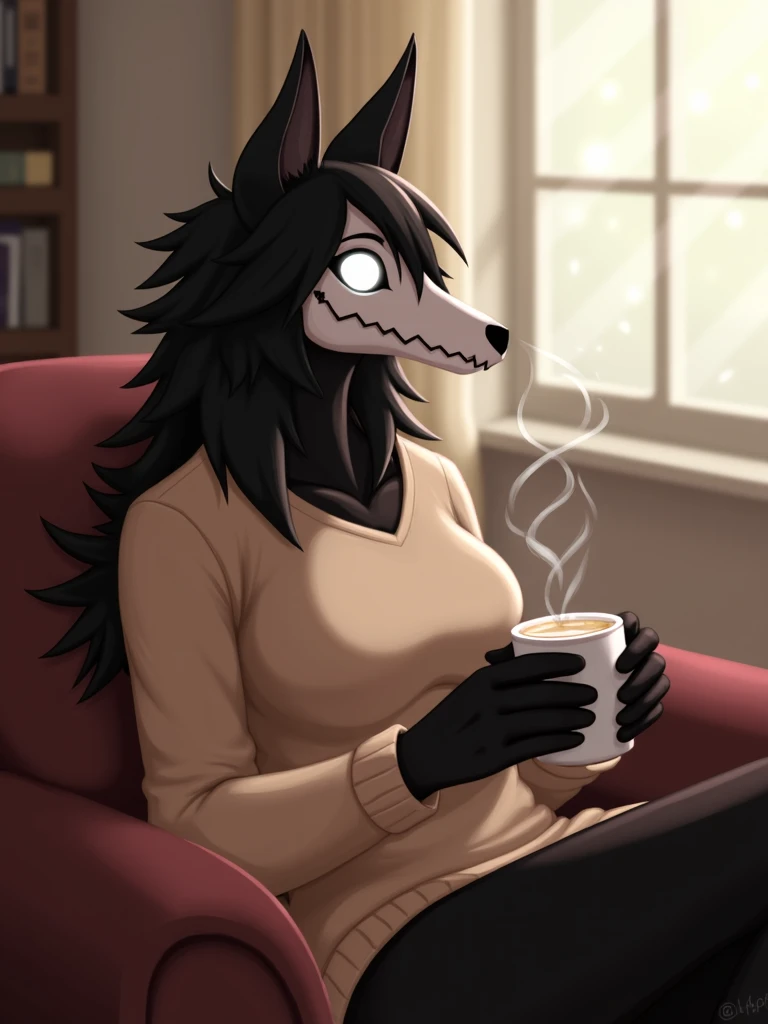 A digital artwork of scp-1471, a female monster with a canine skull head and glowing eyes. In a cozy living room, soft morning light filters through the curtains. A female monster named SCP-1471 with a black fur sits comfortably on a plush couch, wearing a sweater in soft beige. She holds a steaming cup of coffee in her hands, her gaze out the window, lost in thought.