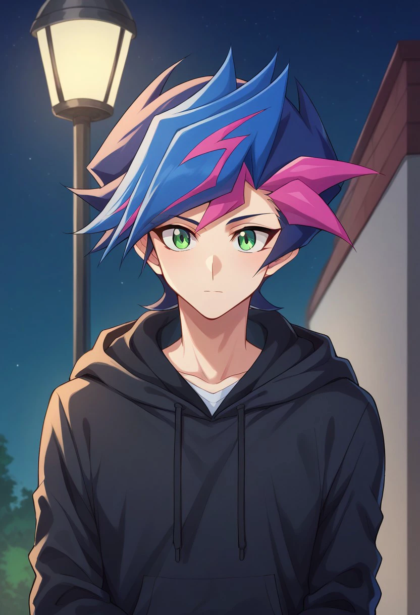 score_9, score_8_up, score_7_up, source_anime, highly detailed, 
yusaku, 1boy, male focus, solo, blue hair, multicolored hair, hood, hoodie, two-tone hair, hood up, black hoodie, upper body, face not visible, face hide by hood,
outdoor, night, street lamp,