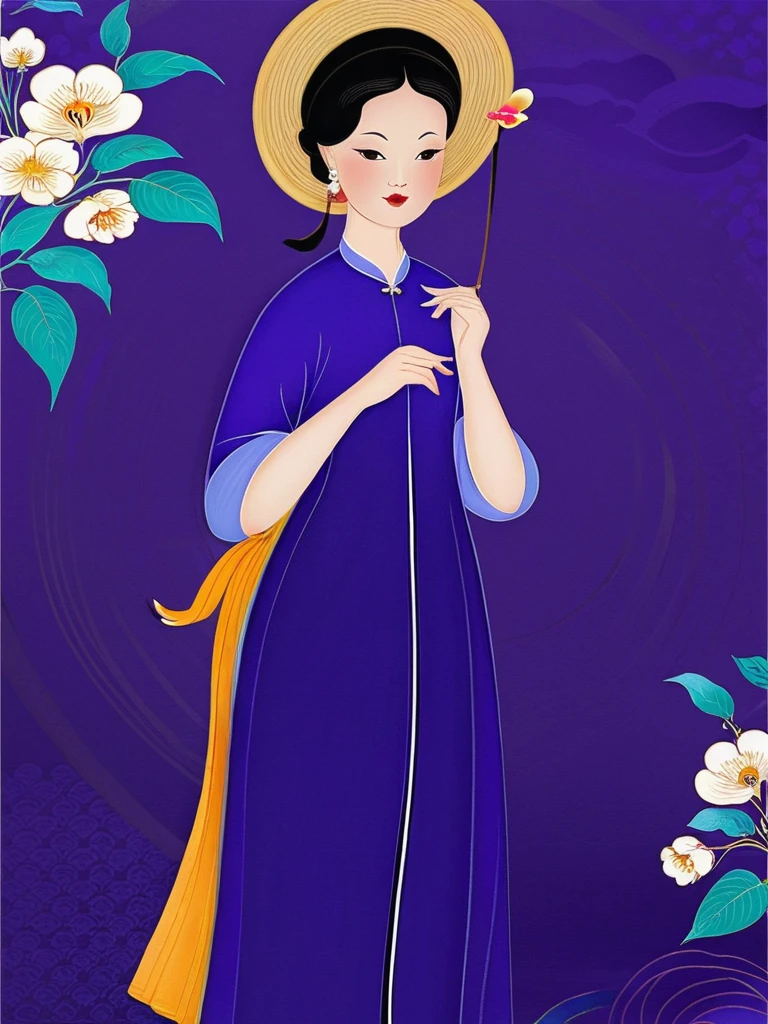 <lora:NGUYENLADY:1>,in style of NGUYENLADY, illustration of a woman, hair ornament,headwear ,round hat, earrings, long dress, purple dress, beauty ,floral print,  ((( flower blackground))), full body, best quality