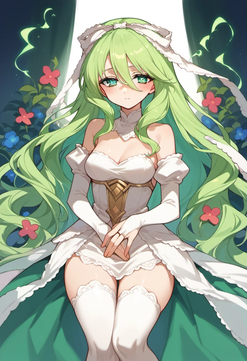 score_9, score_8_up, score_7_up, source anime, wenlina, 1girl, solo, long hair, green hair, very long hair, green eyes, white thighhighs, ribbon, bridal gauntlets, flower, hair ribbon, :d, blush, medium breasts, <lora:wenlina-xl-pony-v1:1>, healing magic,