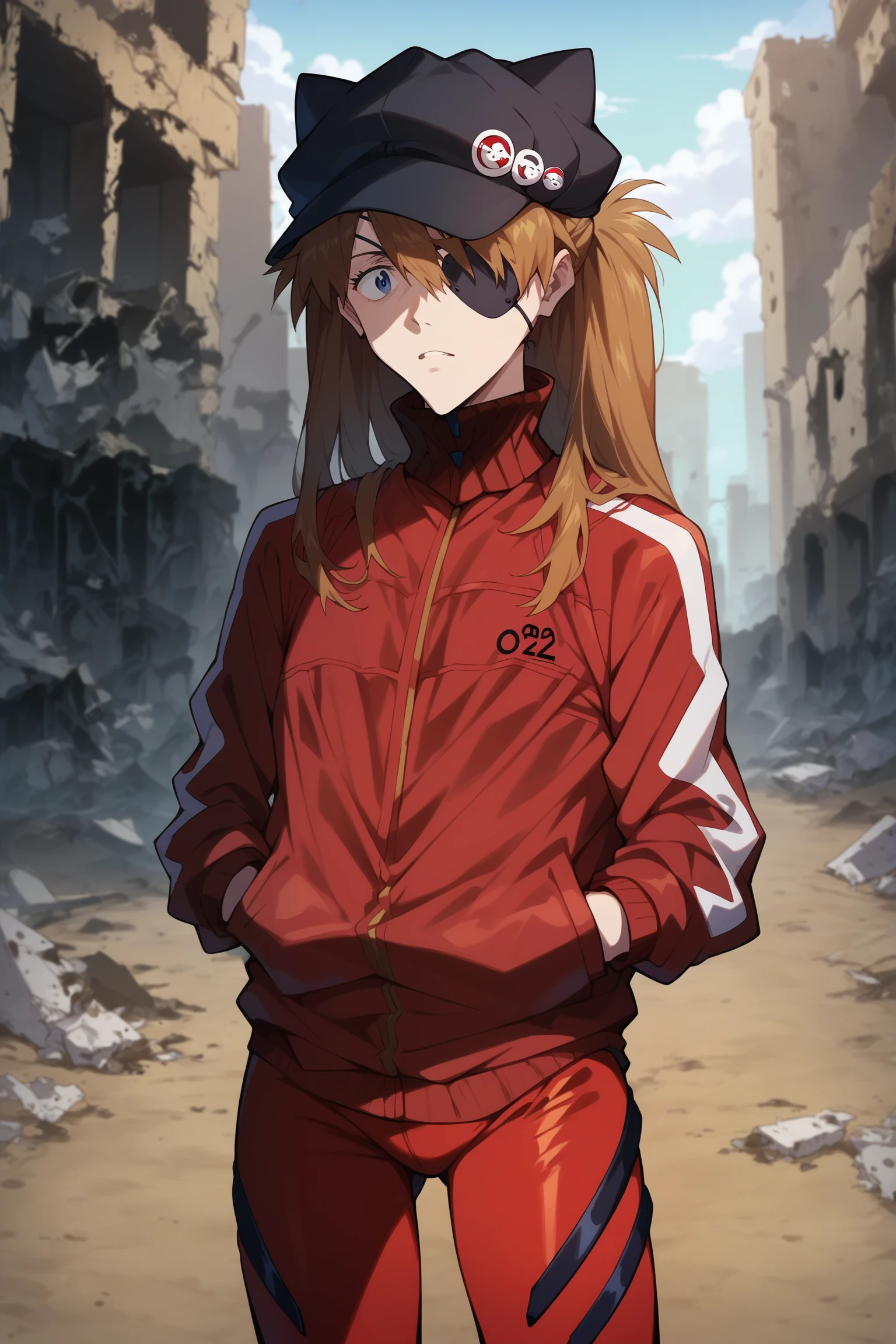 score_9, score_8_up, score_7_up, source_anime, official_style, asuka langley, 1girl, brown hair, black eyepatch, looking at viewer, black headwear, cat hat, animal hat, black hat, red jacket, track jacket, plugsuit, red pilot suit, standing, cowboy shot, hands in pocket, outdoors, destroyed city, ruins, absurdres,,