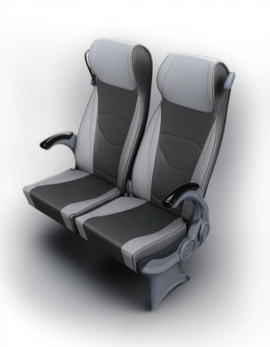 High resolution render of a double passenger seat for modern European coach buses, public transport seat, plastic parts are gray, seat upholstery in a dynamic design language using automotive fabrics and leather,
 <lora:uai_CoachSeat_FLUX_v201:1> BusCoachSeat