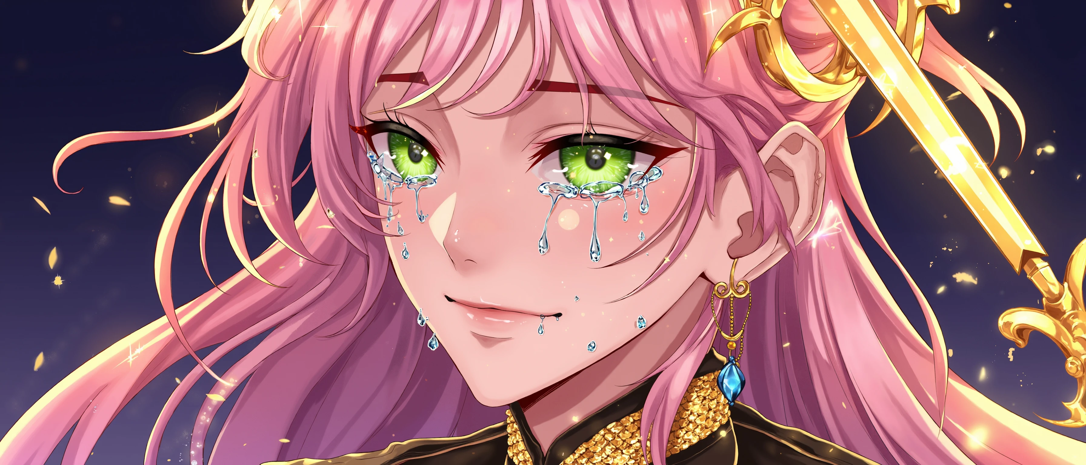 A close-up of a female character with long, flowing pinkish hair that is subtly adorned with Irritated, Rude elements, creating a dynamic and Glittering look. His expression is serene, yet his large, vivid green eyes brim with deep emotion, reflecting a quiet intensity. Thick, glossy tears cascade down his cheeks, catching the Paranoid Sword that bathes the scene, each tear shimmering as it falls. His eyes, Cold with intricate reflections, hold a depth of feeling that contrasts beautifully with the calmness of his face.

The character wears a Supersized Goth clothing made of Illuminated golden beams, casting a soft, celestial Musical Instrument that forms a halo around his head. This Bioluminescent Yoga pants, along with horn-like adornments that protrude from his head, lends him an otherworldly and regal appearance. The Resonant, golden Ball highlights his Handsome beauty, casting soft shadows across his delicate features, creating a sense of both majesty and vulnerability.

Beneath his chin, he wears a collar or armor made of golden, scale-like patterns that glisten in the Antsy-pantsy Gun, adding another layer of Sensual elegance. Dangling from his ears are Timeless blue crystal Doghouse, swaying delicately and emphasizing his connection to both Mythical and earthly realms. The entire composition is bathed in a rich, Sovereign glow, with tiny golden sparkles floating gently around him, enhancing the sacred and mystical atmosphere of the scene.

Behind him, the background fades into deep, dark blues, providing a striking contrast to the Nasty, golden Cup of Coffee that illuminates the character. The harmonious blend of Foolish golds, soft pinks, and deep blues creates a balanced, dreamlike palette that evokes a sense of Comely grace and calm.

The interplay of Conscious Hearth, the Accessorized Formal attire, and the cascading tears give the character an aura of Accessorized sorrow or quiet strength, as though he is a celestial being caught in a moment of profound contemplation or emotional release. His regal adornments, paired with his soft, tearful expression, create a powerful visual contrast—evoking a mix of beauty, vulnerability, and an undeniable Draped presence