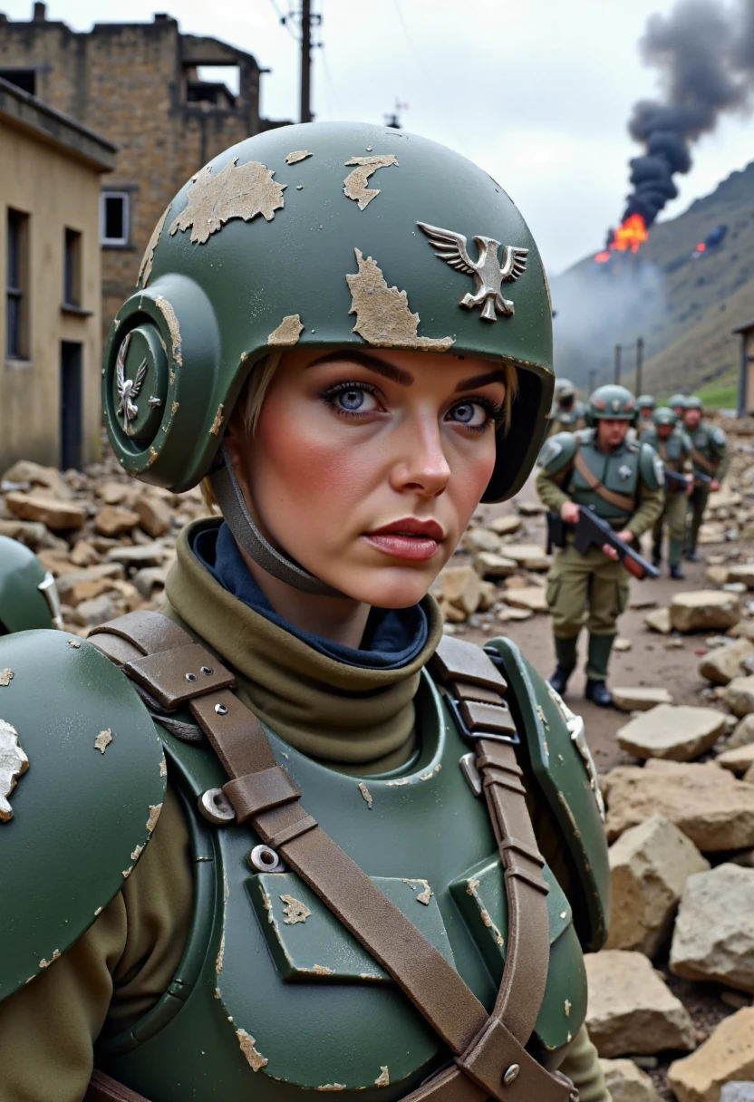 Imagine a photorealistic close-up portrait depiction of Selene, a beautiful woman with purple eyes and white pixie hair. 

Selene leads a squad of Cadian Guardsmen through a desolate, war-torn city. Her white pixie-cut hair is tucked under a Cadian officer’s helmet, and she wears standard-issue flak armor, scratched and battle-worn. A lasgun is slung across her back, and her lavender eyes remain focused on the horizon, scanning for enemy movement. Around her, rubble and debris from destroyed buildings form makeshift cover, while smoke rises from the ruins as artillery fire thunders in the distance. The red glow of enemy tracers zips through the air as her squad advances.