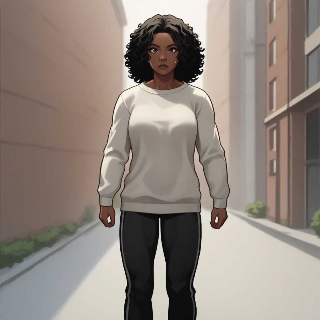 score_9, score_8_up, score_7_up, score_6_up, score_5_up, score_4_up, zPDXL2,source_anime,rating_questionable, 1girl, solo, outdoors, casual clothes, sweater, sweatpants, <lora:Nubia_-_DC_Comics:0.8> nubia_dc, dark-skinned female, curly black hair, brown eyes,muscular female,