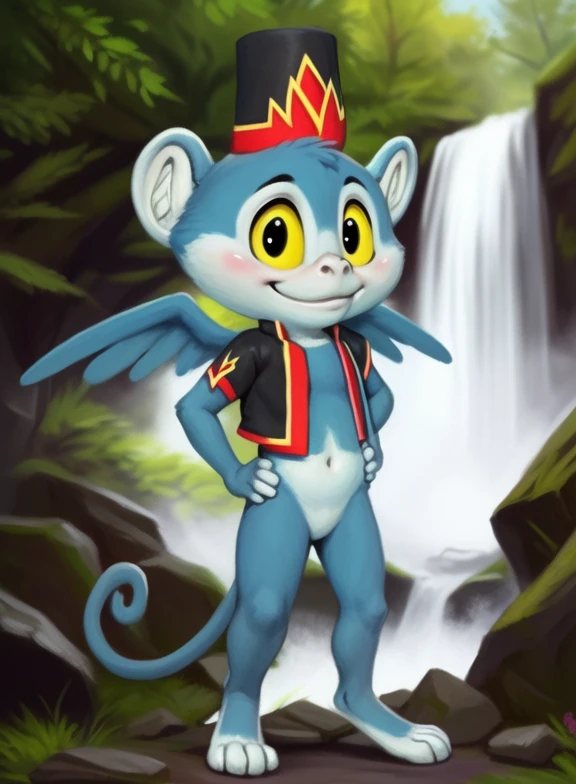 <lora:LymanFlyMonYif:1> LymanFlyMon, monkey, (( wings), blue fur), yellow sclera, vest, chibi,  red-black vest, red-black small hat,
Looks at the viewer, [  solo, (nature), forest, day, clouds, waterfall,  smile,]   ((Hands on hips, standing, ))
(beautiful, aesthetic, perfect, delicate, intricate, saturated colors), masterpiece, digital drawing, best quality,
[by kenket|by totesfleisch8], by thebigslick:by silverfox5213:0.8], [by syuro, by paloma-paloma::0.2, (Tricksta, TotesFleisch8)