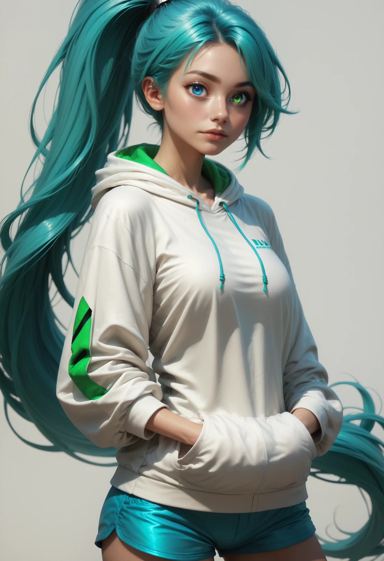 score_9, score_8_up, score_7_up,
1girl, solo, cowboy shot, aqua hair, very long hair, high ponytail, white hoodie, long hoodie, short shorts.
<lora:Dark_Heterochromia_Pony_v0.4:0.5> heterochromia, blue eyes, right eye blue, green eyes, left eye green,