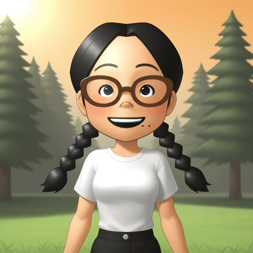 score_9, score_8, BREAK, solo, mii, wii, black eyes, brown glasses, small nose, half circle nose, big mouth, open mouth, teeth, mole under mouth, black hair, low braids, white clothing, black pants, shoes, blush, 1girl, female mii, cute, medium breasts, keiko_(\Wii_Sports\), wii Sports, Nintendo Mii, modern_mii, classic_mii, sexy pose, smile, outdoors, sunlight, shadows, evening lighting, natural lighting, forest, trees, grass, orange sky, sunset