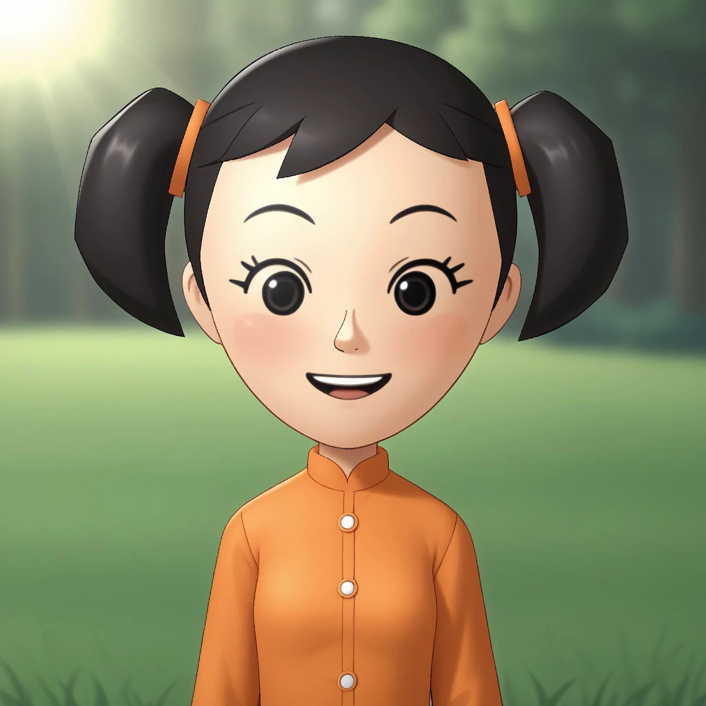 score_9, score_8, BREAK, solo, mii, wii, black hair, twintails, black eyes, dot eyes, blush, open mouth, teeth, orange clothing, black pants, barefoot, wii music, female mii, 1girl, Naoko_(\Wii_Music\), Nintendo Mii, modern_mii, classic_mii, cute, small breasts, sexy pose, smile, outdoors, sunlight, shadows, evening lighting, natural lighting, forest, trees, grass, orange sky, sunset, PONYXL_WaifuFeetPics_ownwaifu, perfect feet, soles, 4 toes in left foot, 4 toes in right foot, perfect anatomy, accurate anatomy, foot focus, feet, toes, sitting