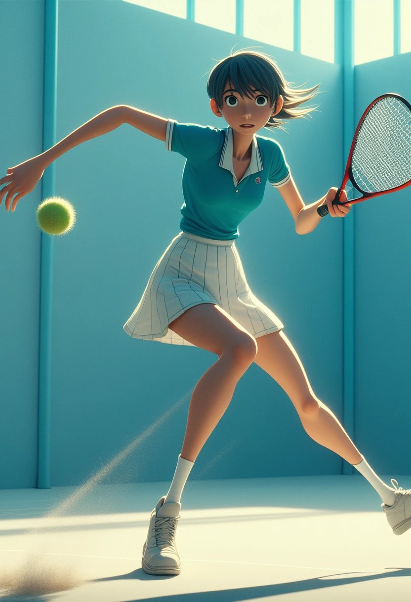 thowering tennis player with exaggeratedly long arm