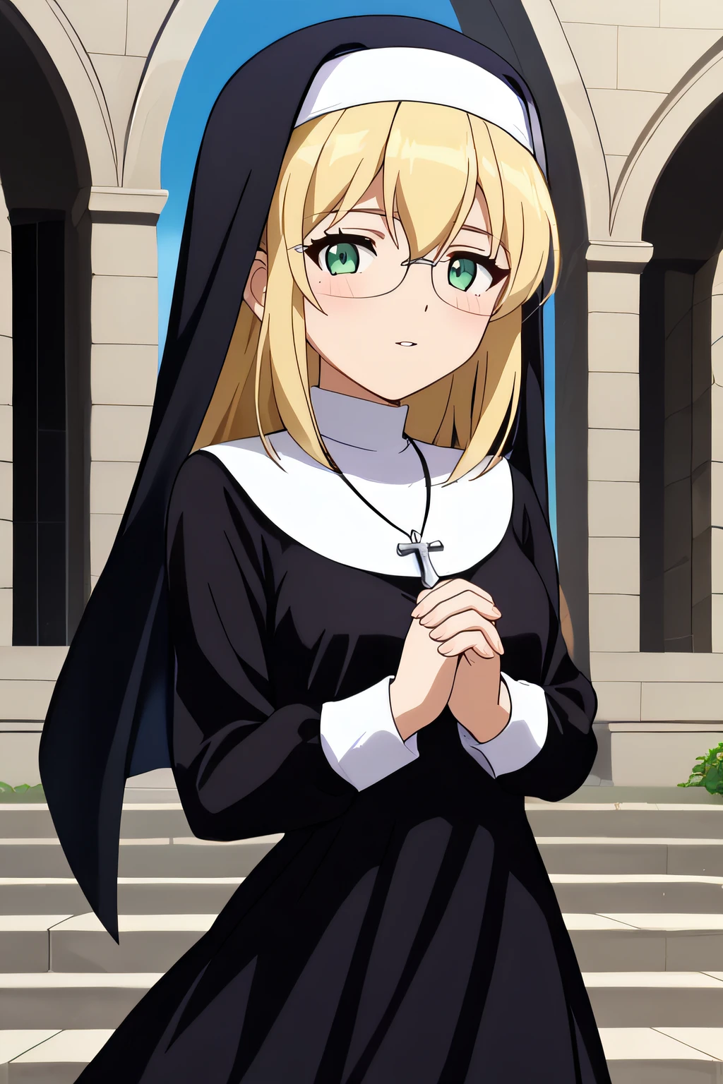 score_9, score_8_up, score_7_up, source_anime, rating_safe, intricate details, anime screencap, official style, 1girl, <lora:Inazuma_Jeanne:0.9>, jeanne, blonde hair, green eyes, glasses, necklace, nun, habit, black dress, taut dress, hand together, looking at viewer, outdoor, frontal view, cowboy shot, blush, parted lips