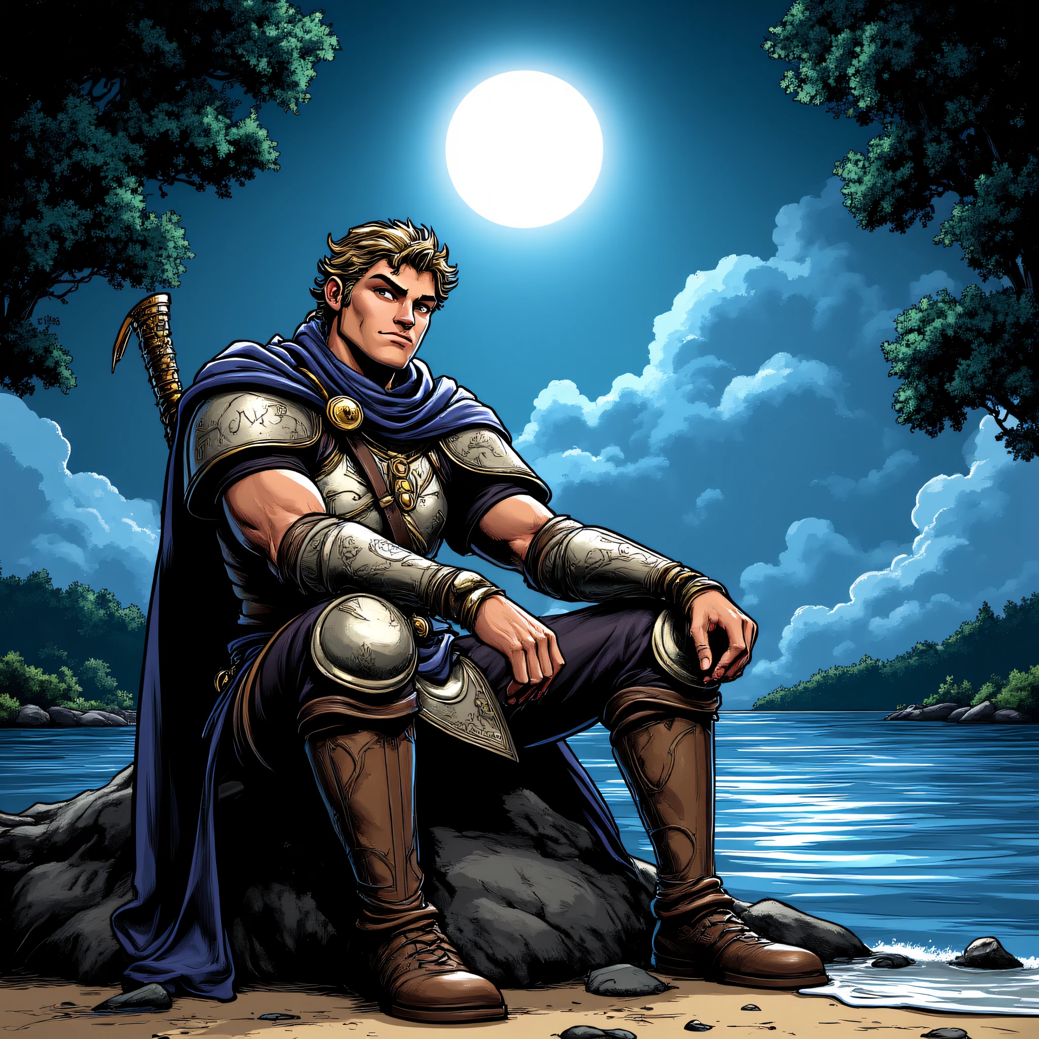 ArsMJStyle, DnDBWIllustration, Paladin, Male, Sitting on a beach near a moonlit lake