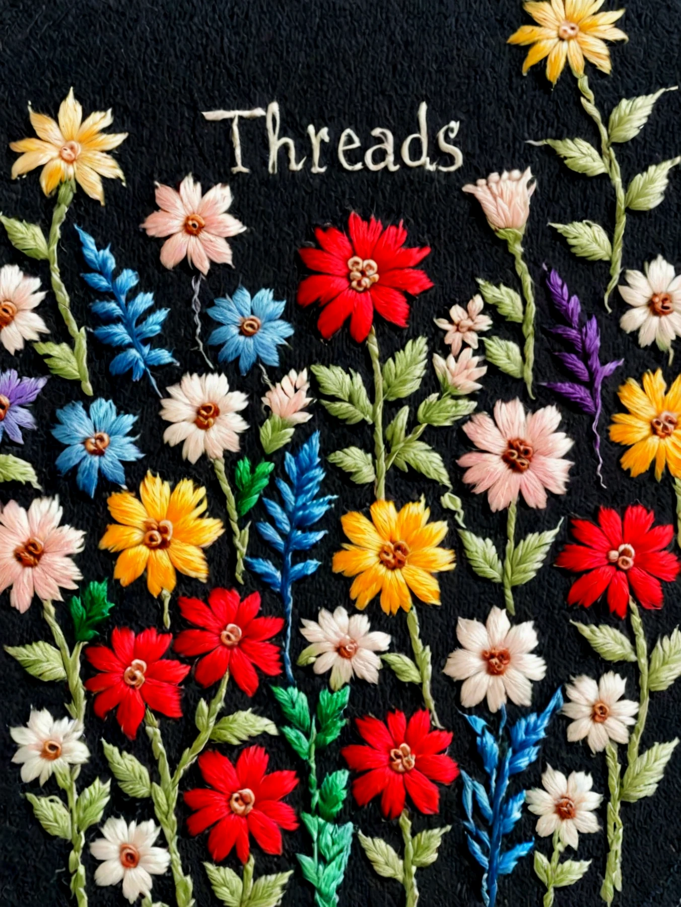 A joyful scene. A scene of flowers. (text: "Threads"). In dark thread.

<lora:Threads01-02_CE_SDXL_32x16x180x1bOT:1.4> thrdsCE