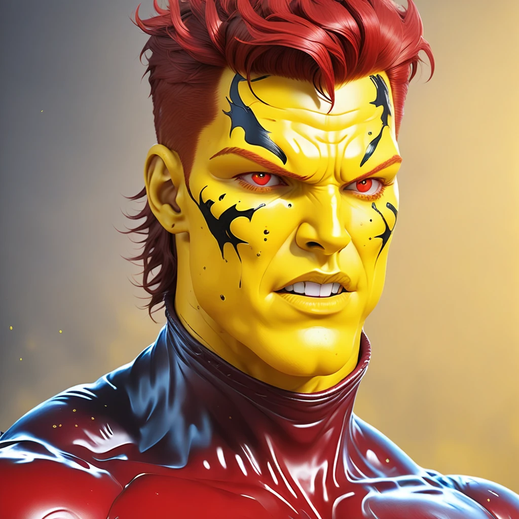 captainpollution, portrait, face, close up portrait, man, 1man, blender, yellow skin, red hair, red eyes, yellow face, dirty skin, super hero suit, red crop top, red cropped top, red cropped t-shirt, yellow stomach, navel, black belt with a golden buckle, red short pants, red boots with black sole, red gloves, smooth, detailed, comic book style, plain solid background, masterpiece, 4k, mud spots on face, mud spots on yellow skin