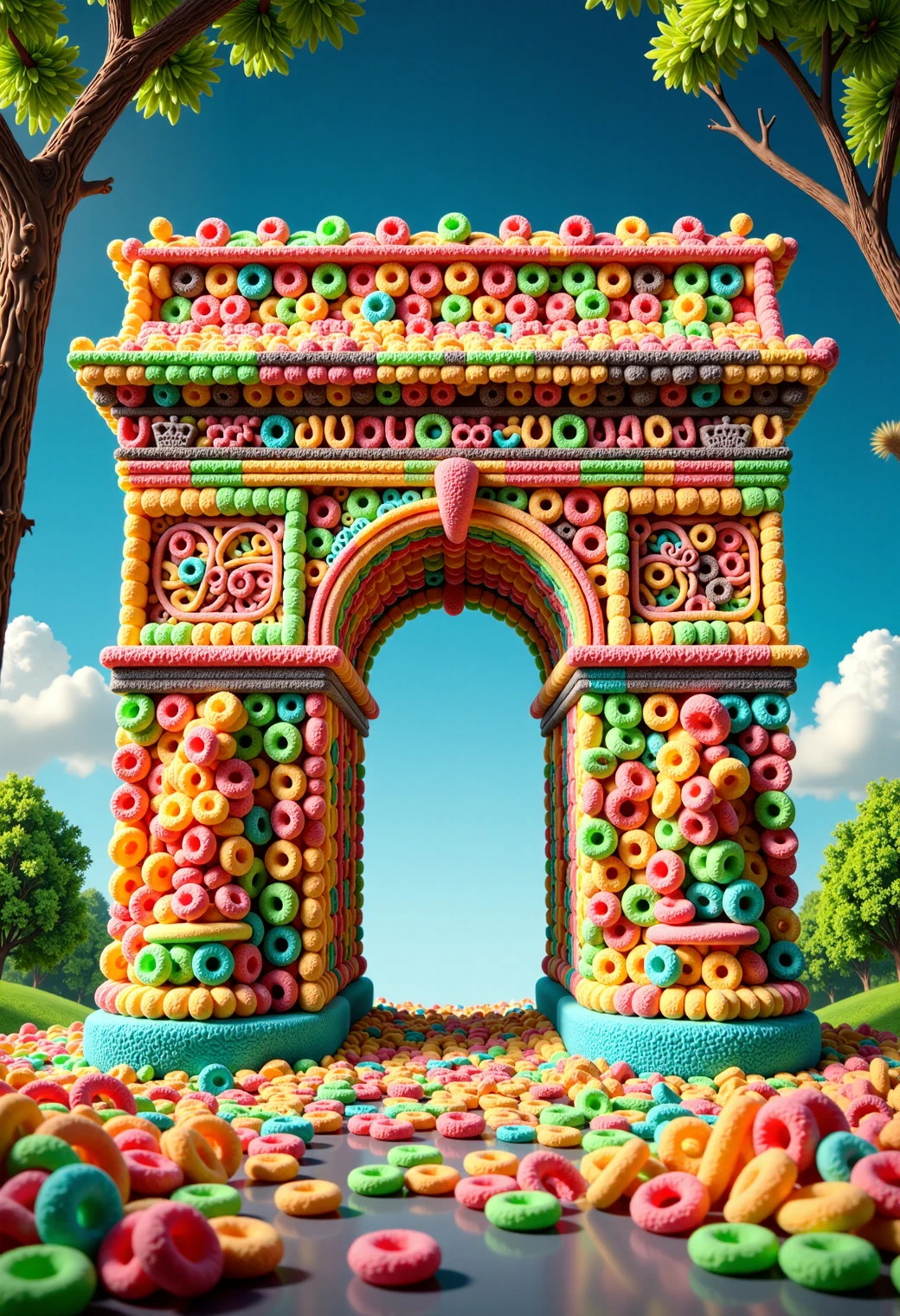 made out of frootloops, Vector Art Stickers, Intricate "Triumphal Arch", professional vector design, sticker designs, Sticker Sheet, <lora:flux-frootloops-000008:1>, complimentary colors, dynamic dramatic atmosphere, theatrical, vibrant, perfect background