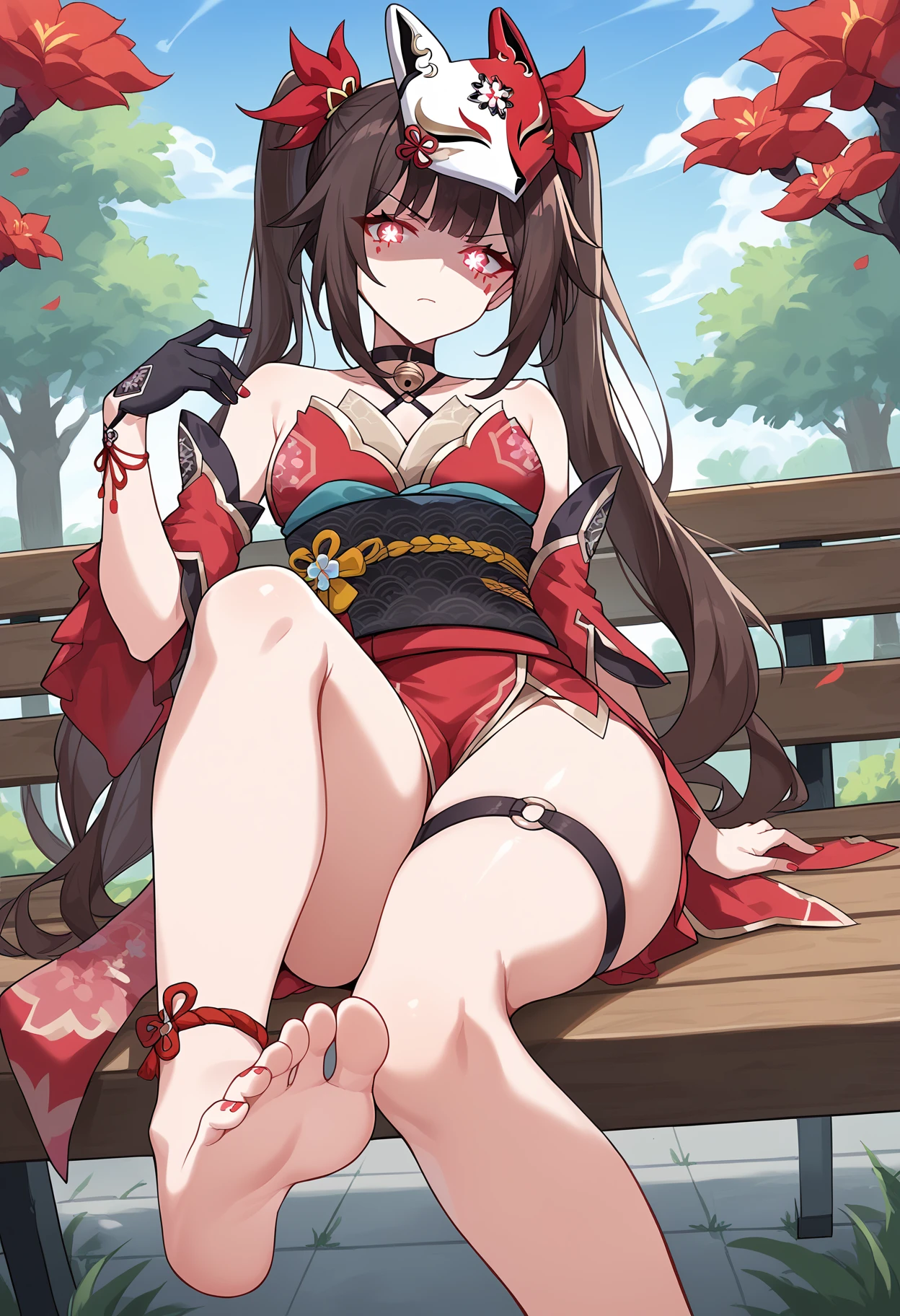 score_9, score_8_up, score_7_up,
BREAK
1girl, solo,
<lora:shiSparkleV1:1.0>, shisparkle, long hair, bangs, brown hair, hair ornament, glowing eyes, flower-shaped pupils,
bare shoulders,
twintails, hair ribbon, choker, detached sleeves,
fox mask, mask on head, red dress, red kimono, bell,
obi, sash, single glove, black gloves,
looking at viewer, disgust, angry, shaded face, 
head tilt, outdoors, park bench, soles, feet, thigh strap, nail polish,