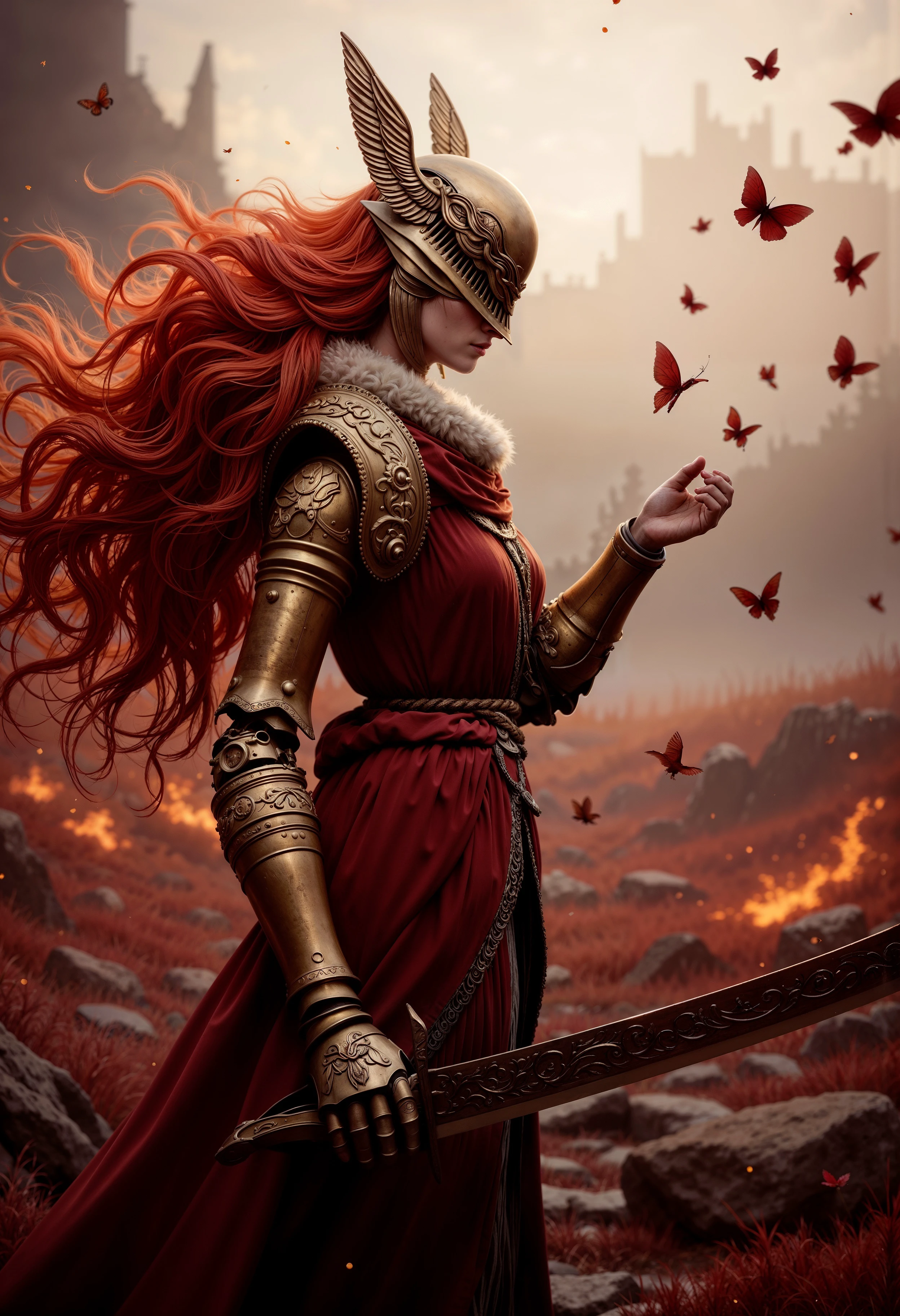 A fierce and breathtaking scene of MaleniaNorm, the legendary female warrior, poised in the midst of battle. She stands confidently, her slender figure clad in intricately detailed golden and crimson armor, covered in elegant, thorn-like motifs. Her long, fiery red hair flows wildly around her, partially obscuring her porcelain face and cold, determined eyes. In her right hand, she holds her iconic prosthetic arm wielding a massive, rune-etched katana, dripping with blood from recent combat. Scarlet blossoms swirl around her, floating in the air like ghostly petals, adding a haunting beauty to the scene. The background is a war-torn battlefield, shrouded in a mist of blood-red flowers and glowing embers, with remnants of fallen warriors scattered around. The atmosphere is charged with a sense of dread and grace, capturing Malenia’s deadly elegance and the unyielding strength of one of the most formidable foes in the Lands Between. (maximum ultra high definition image quality and rendering:3), maximum image detail, maximum realistic render, (((ultra realist style))), realist side lighting, , 8K high definition, realist soft lighting, (amazing special effect:3.5)  <lora:FluxMaleniaNorm:1>