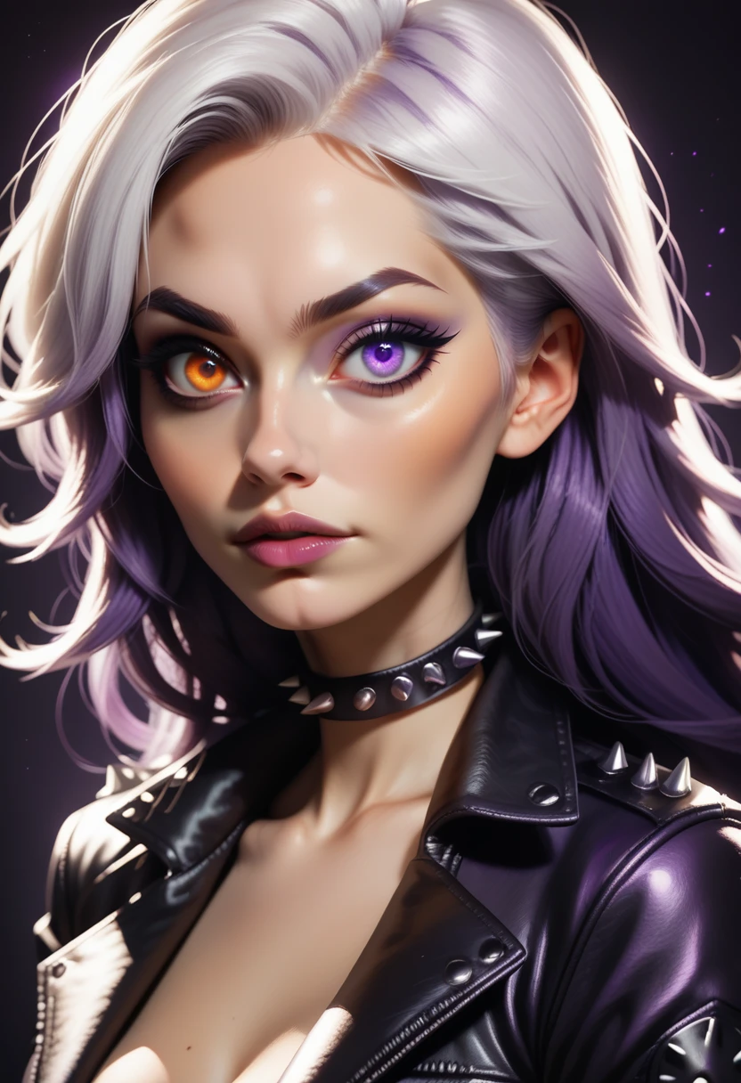 score_9, score_8_up, score_7_up,
1girl, solo, white hair, long hair, leather jacket, spiked choker,
<lora:Dark_Heterochromia_Pony_v0.4:0.5> heterochromia, left eye purple, right eye orange,