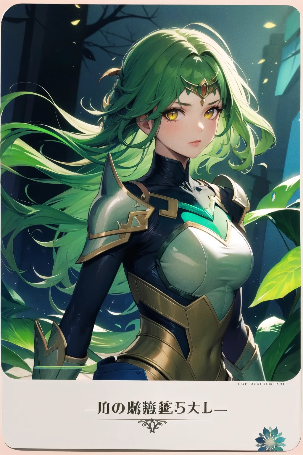 (Masterpiece, best quality:1.4), insaneres, top quality, 8k resolution, traditional media, retro artstyle, card_(/medium), holofoil, solo, upper body, (aura, outer glow:1.1), forehead jewel, hypnotic yellow eyes, glowing, bloom, forest, nature, facing viewer, 1girl, green hair, curly hair, very long hair, gorgeous, wind, magic, armored dress, green theme, looking at viewer, (deep depth of field:1.2), circlet, floating, arm guards, shoulder armor, volumetric lighting, <lora:HOLOFOIL-20:0.8>