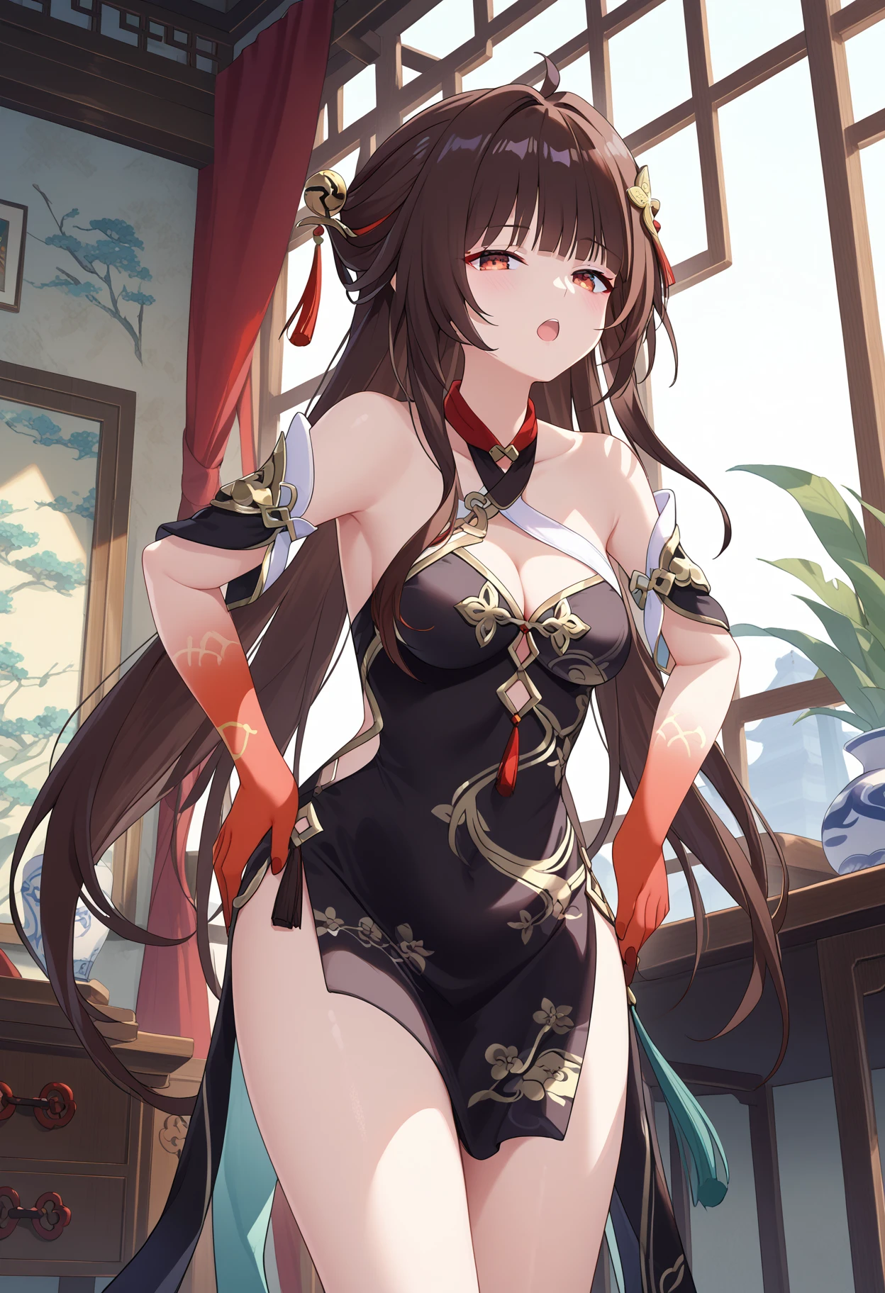 score_9, score_8_up, score_7_up, source_anime,
BREAK 
1girl, solo, <lora:shiLingshaV2:1>, shlingsha, long hair, bangs, hair ornament, breasts, bare shoulders, cleavage, red eyes, brown hair,
china dress, chinese clothes, black dress, 
red hands, 
looking at viewer, half-closed eyes, open mouth, leaning forward, standing, hands on hips, thick thighs, indoors,