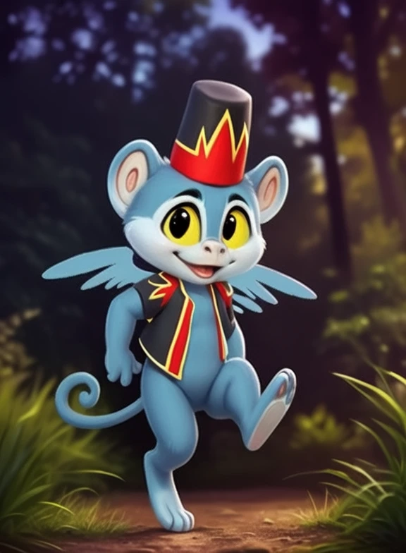 <lora:LymanFlyMonYif:1> LymanFlyMon, monkey, (( wings), blue fur), yellow sclera, vest, chibi,  red-black vest, red-black small hat,
Looks at the viewer, [  solo, (nature), forest, day, clouds, waterfall,]  ((dancing ))
(beautiful, aesthetic, perfect, delicate, intricate, saturated colors), masterpiece, digital drawing, best quality,
by ulitochka, by taran fiddler, by Silverfox5213, by personalami,