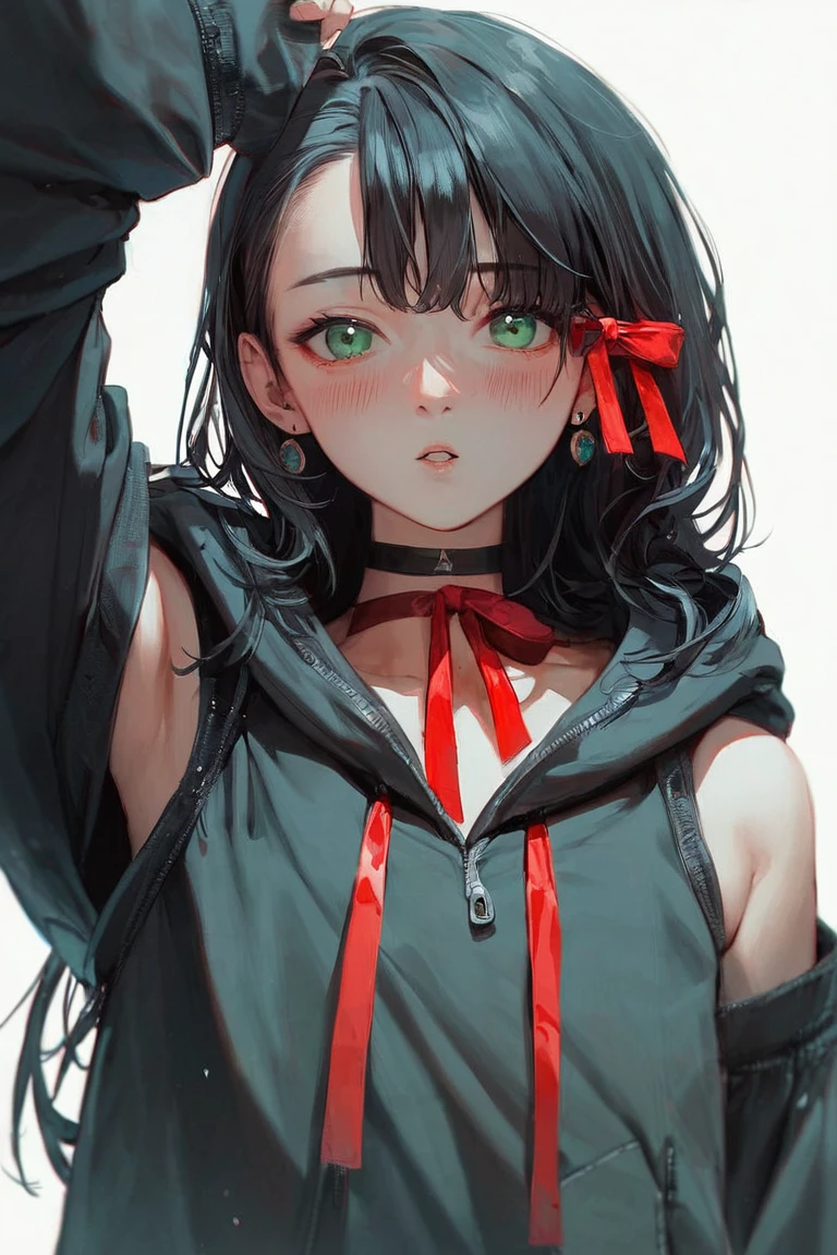 score_9, score_8_up, score_7_up, source_anime, hi res, masterpiece, best quality, highres, 1girl, solo, black hair, bangs, white background, hood, blush, looking at viewer, cosplay, choker, asymmetrical bangs, red ribbon, detached sleeves, ribbon, simple background, black choker, hair ribbon, upper body, jewelry, earrings, sleeves past wrists, arm up, sleeveless hoodie, long hair, long sleeves, hoodie, parted lips, alternate costume, green eyes