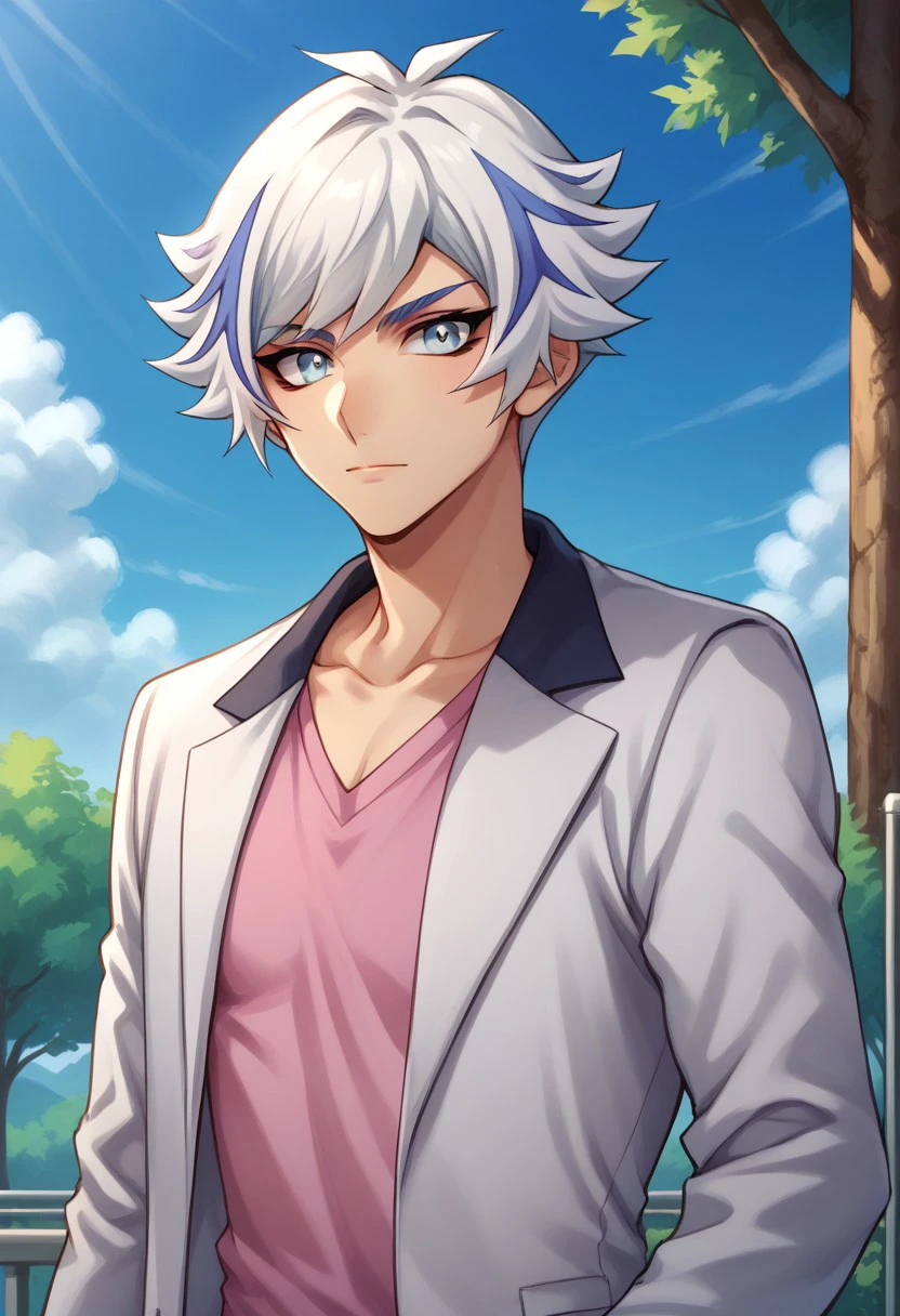 score_9, score_8_up, score_7_up, source_anime, highly detailed, 
ryoken, 1boy, male focus, solo, multicolored hair, streaked hair, shirt, white hair, pink shirt, looking at viewer, grey eyes, blue hair, upper body, blue eyes, jacket, grey jacket, open jacket, open clothes,
outdoor, sky, tree, clouds,