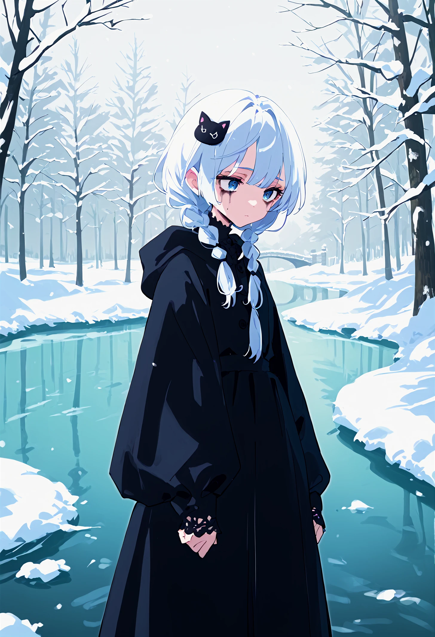 score_9,score_8_up,score_7_up,source_anime,1girl,solo,;p,cat hair ornament,low twin braids,gothic style,dark clothing,black lace,corsets,velvet,chokers,dramatic makeup,brooding accessories,mysterious aura,social media composition,on the snow-covered bridge,winter wonderland,(frosty:1.2),(enchanted:1.1),river,trees,cold,ice,footprints,solitude,