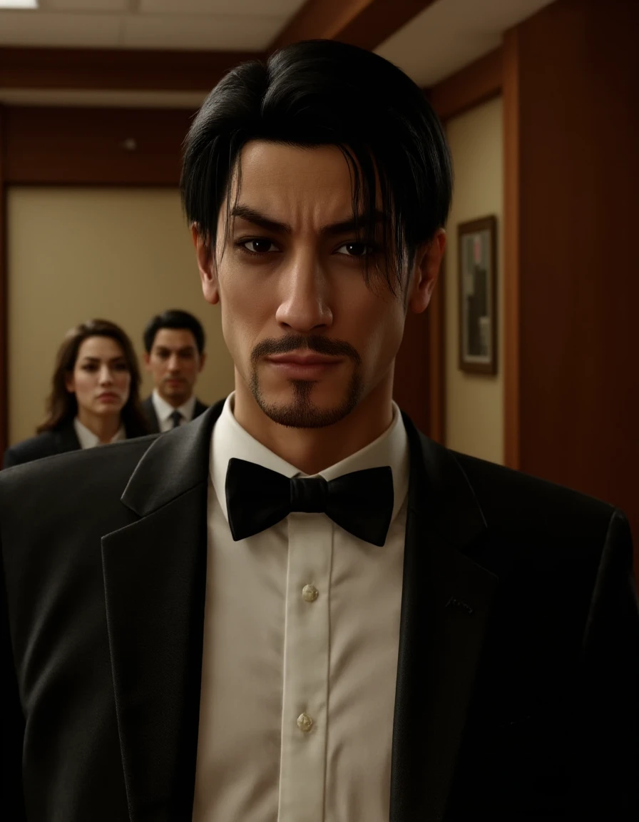 <lora:Goro_Majima:0.8>  Portrait of clean-shaven Goro Majima with two eyes. He has messy hair and wears a tuxedo. The background implies the interior of a Japanese hostess club.