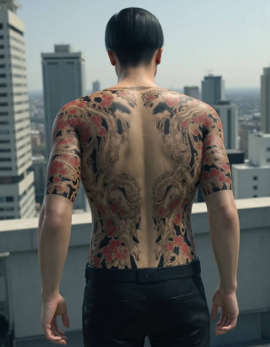 <lora:Goro_Majima:1>  Photo of shirtless Goro Majima's back on a skyscraper rooftop.