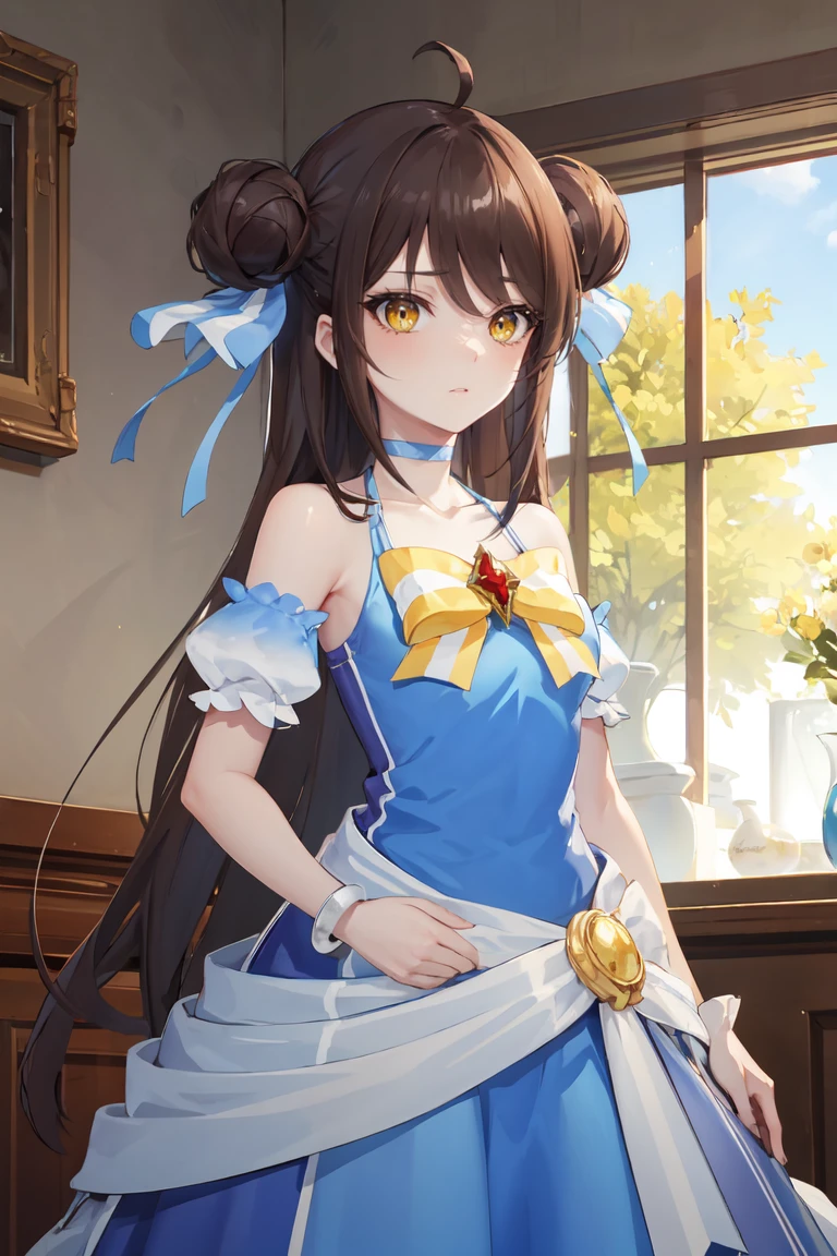 masterpiece, best quality, ultra-detailed, glistening shiny, glowing light, ray tracing, HDR, deph of field, (perfect face, detailed face),  <lora:FalanyaElkArbalest:0.9>, falanya, long hair, double bun, blue hair ribbon, blue dress, yellow bow, blue choker, blue armlets, cowboy shot