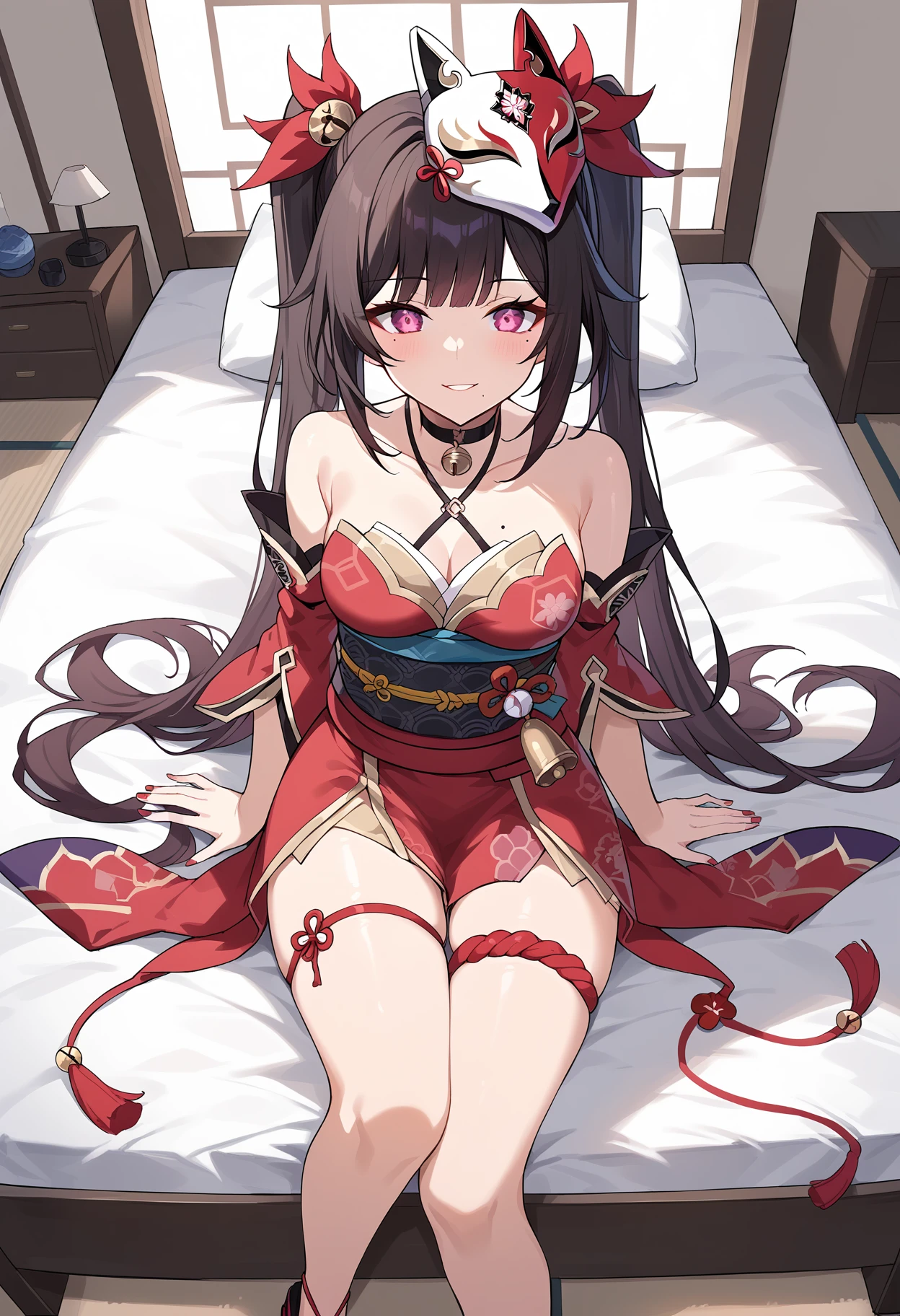 ((masutepiece)), ((Best Quality)), (Ultra-detailed), Anime style, Luxury bed, tiny girl, child, Solo,  ((Beautiful eyes)), large full breasts, wearing underpants, Smile