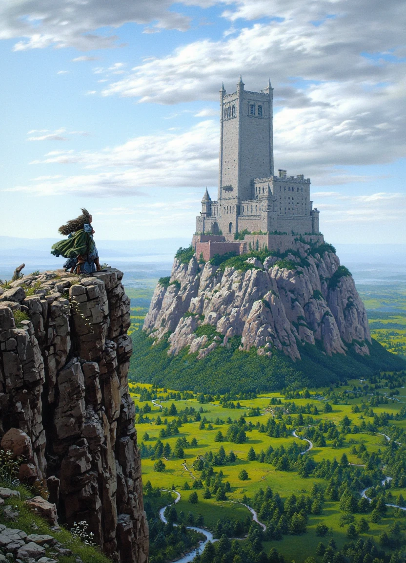 fna_style, a castle looms in the distance passed green fields as a dwarf sits on a precipice overlooking the landscape