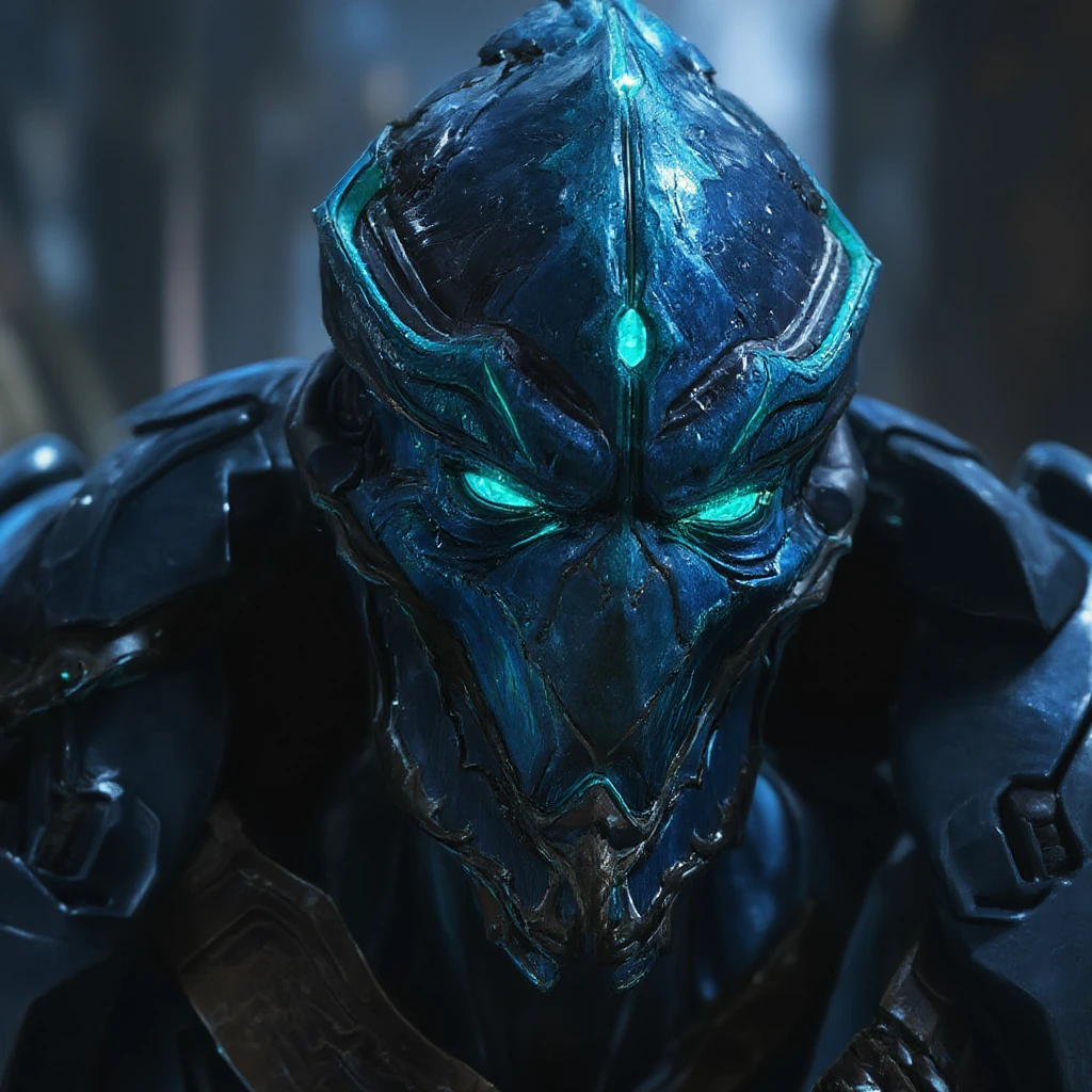 close-up photo of a protoss wonman's face, blue skin, garb, glowing flaming green eyes, black armor, ultra realism, 8k, 4k, high-detail, god rays, lens flare, 24mm lens