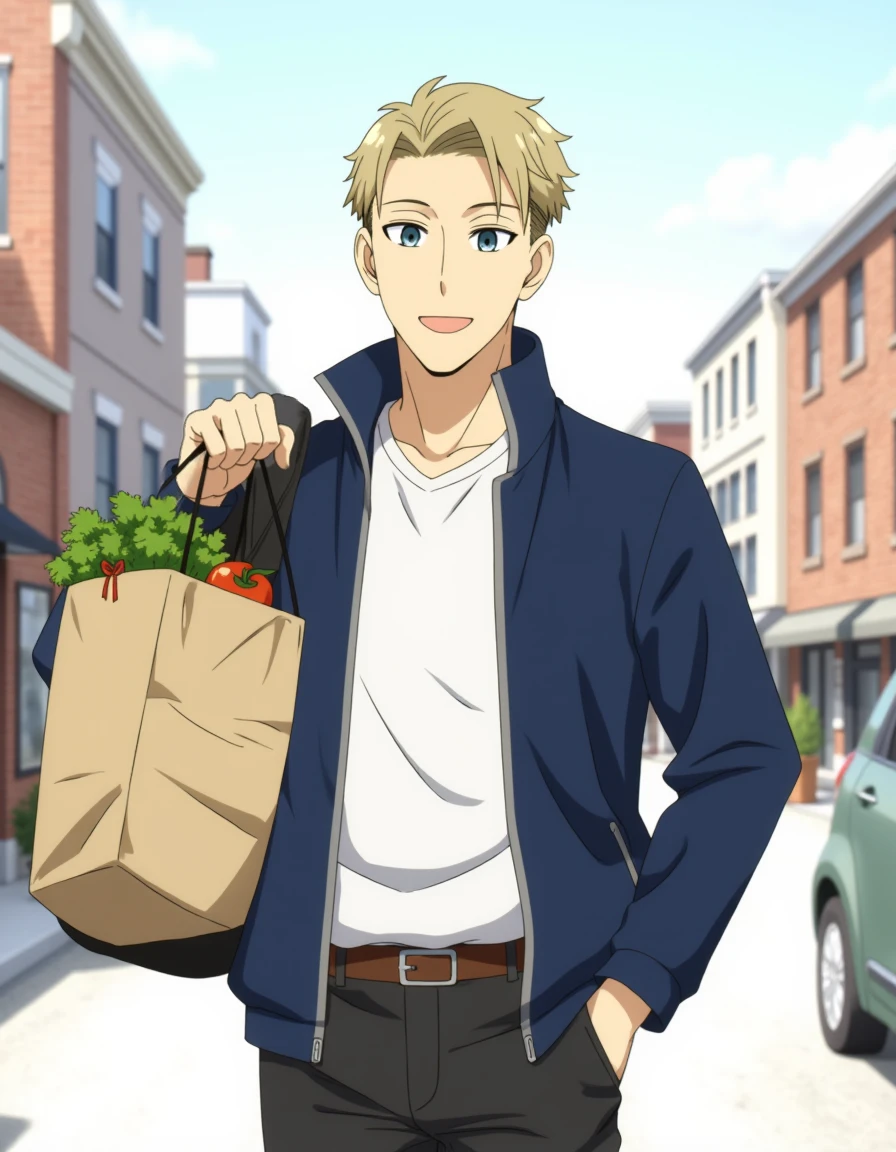 an anime style illustration of loidforger man, default hairstyle, front view, smiling, open mouth, wearing navy blue jacket and white shirt, one arm carrying a paper bag of groceries, looking at viewer, on sunny city street