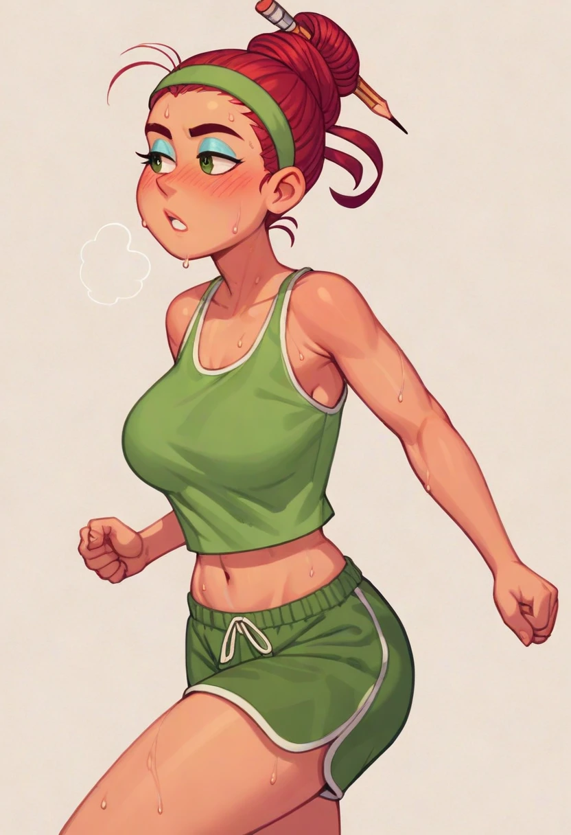 embedding:zPDXL3, rating_questionable, source_cartoon, score_9, score_8_up, score_7_up,

white background, simple background, mature female, 1girl, solo, running, sweat, steaming body, looking away, heavy breathing, blush,

4gn3s, red hair, single hair bun, hair stick, headband, blue eyeshadow, green eyes, tank top, navel, midriff, green shorts, dolphin shorts