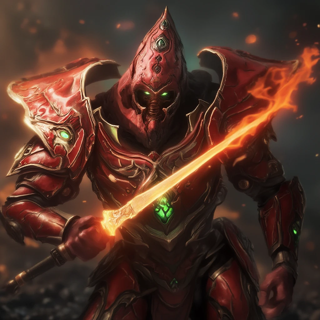 photo of a protoss, red skin, garb, glowing burning green eyes, black armor, ultra realism, 8k, 4k, high-detail, god rays, lens flare, cowboy shot, glowing laser assasin blades, fists, fire particles