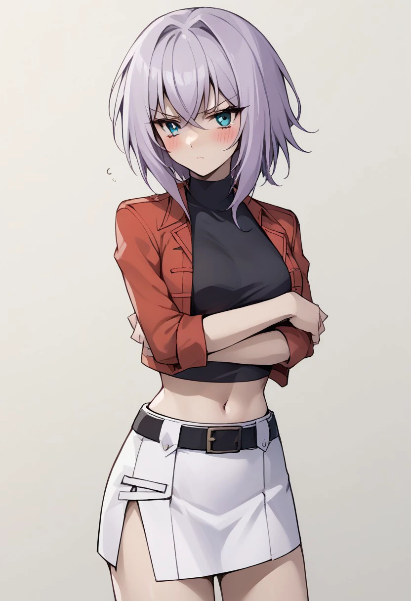 score_9, score_8_up, score_7_up, source_anime, good anatomy, 1girl, solo, MisakiTokura, lavender hair, cyan eyes, short hair, MisakiRed, cropped jacket, red jacket, black tanktop, midriff, white skirt, miniskirt, side slit, black belt, brown boots, thigh, frowning, pouting, blushing, folded arms, arms under breasts, standing