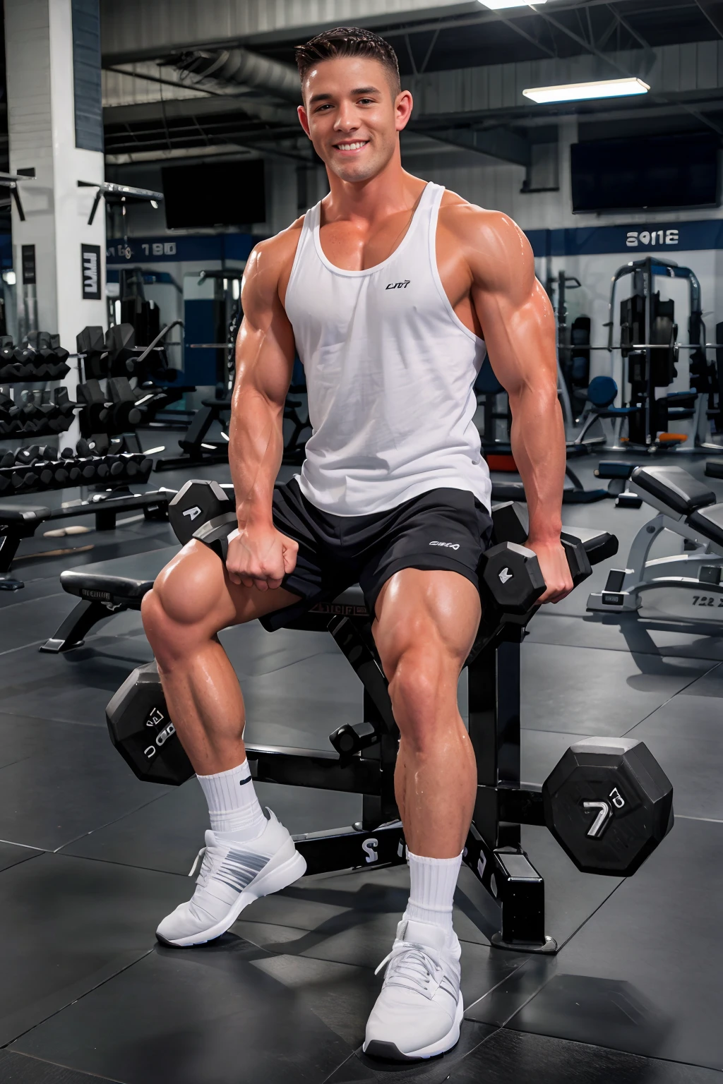 gym weight room, sitting on a weight bench, smiling, RyanRose is a sexytrainer, sweaty, white tank top, black shorts, white socks, sneakers, holding a dumbbell, (((full body portrait))), wide angle  <lora:RyanRose:0.8> <lora:Clothing - Sexy Personal Trainer:0.55>