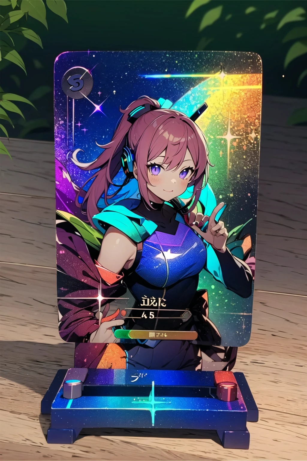 (Masterpiece, best quality:1.4), insaneres, top quality, 8k resolution, card_(/medium), holofoil, diffraction, border, 1girl, (shiny:1.3), beautiful, mature female,  charging, looking at viewer, (stats:1.3), numbered, kanji, japanese text, ponytail, headphones, glowing lines, motion blur, bokeh, deep depth of field, volumetric lighting, (shimmer,glitter:1.3), traditional media, colorful, dark, glowing, vivid, card, outside border, border, reflective surface, purple eyes, <lora:HOLOFOIL-20:1.2>