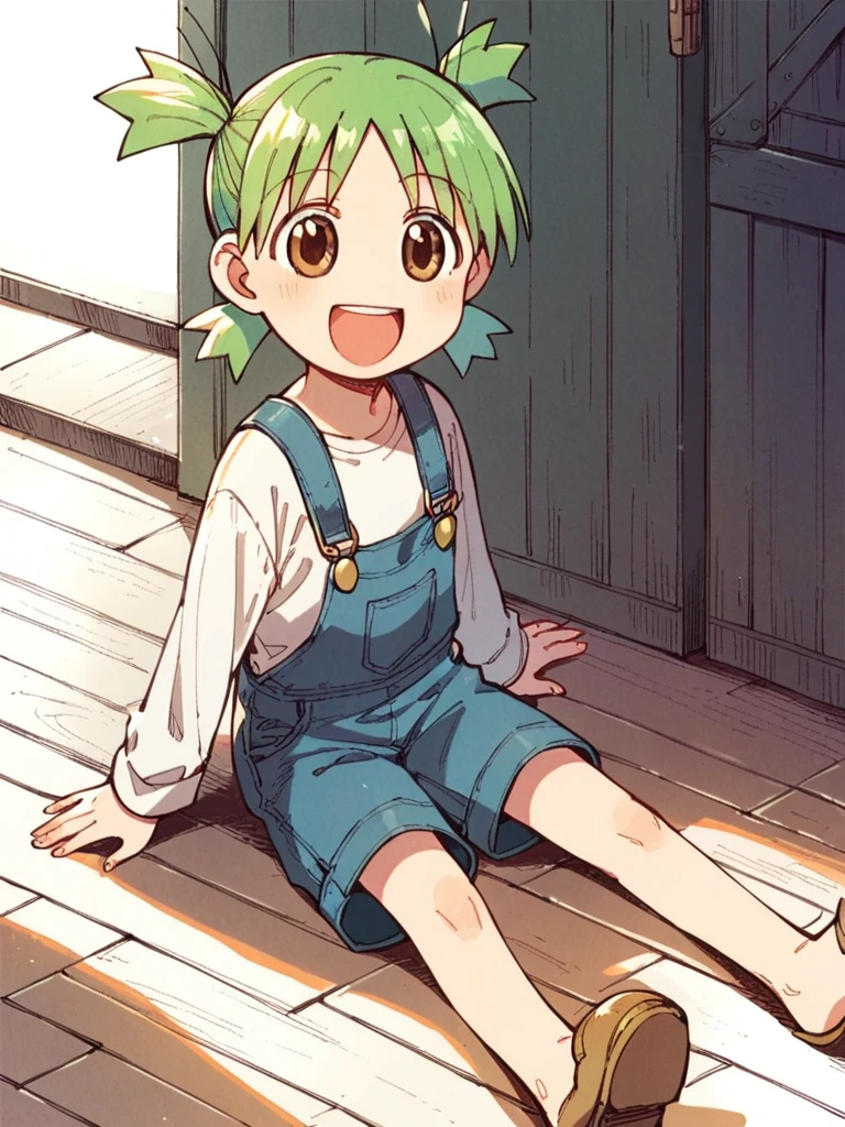 score_9, score_8_up, score_7_up, 
1girl, koiwai yotsuba, quad tails, green hair, brown eyes,

sitting, on floor, smile, open mouth, overalls, white t-shirt, long sleeves, 


